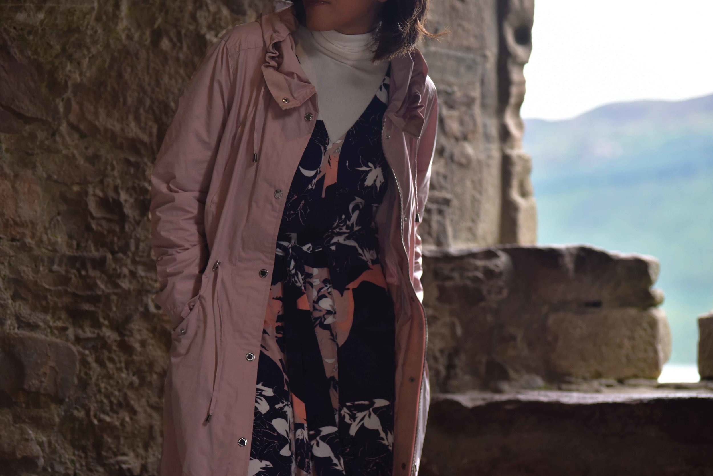 Pink Stormwear jacket, water repellent jacket, printed maxi dress, Urquhart Castle, Loch Ness, Scotland. Image©sourcingstyle.com