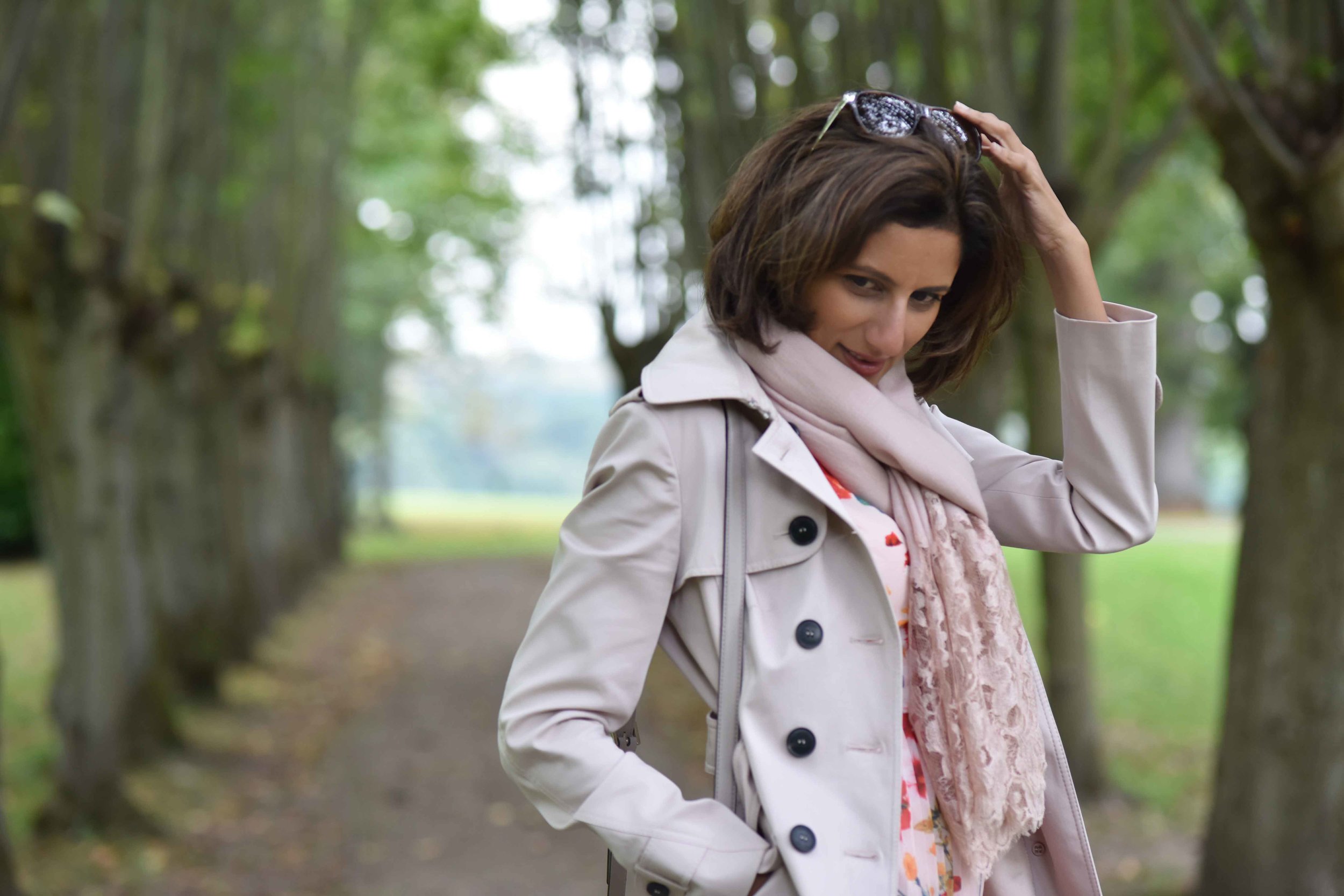 Karen Millen trench coat, Coworth Park Hotel, Ascot, U.K. Image©sourcingstyle.com