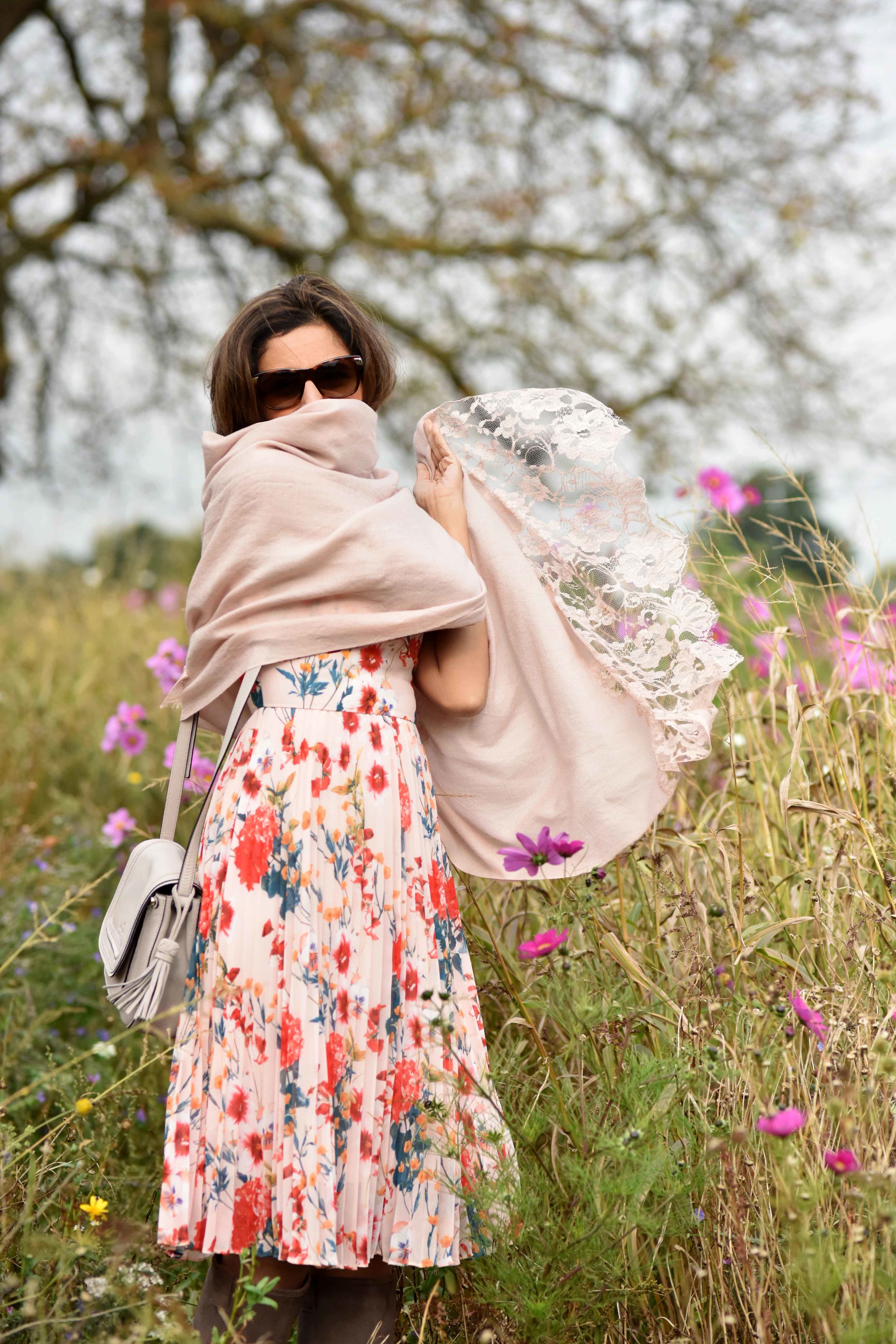 Karen Millen floral summer dress, Kate Spade bag, cashmere wrap, flower fields, Coworth Park hotel, Ascot. Image©sourcingstyle.com
