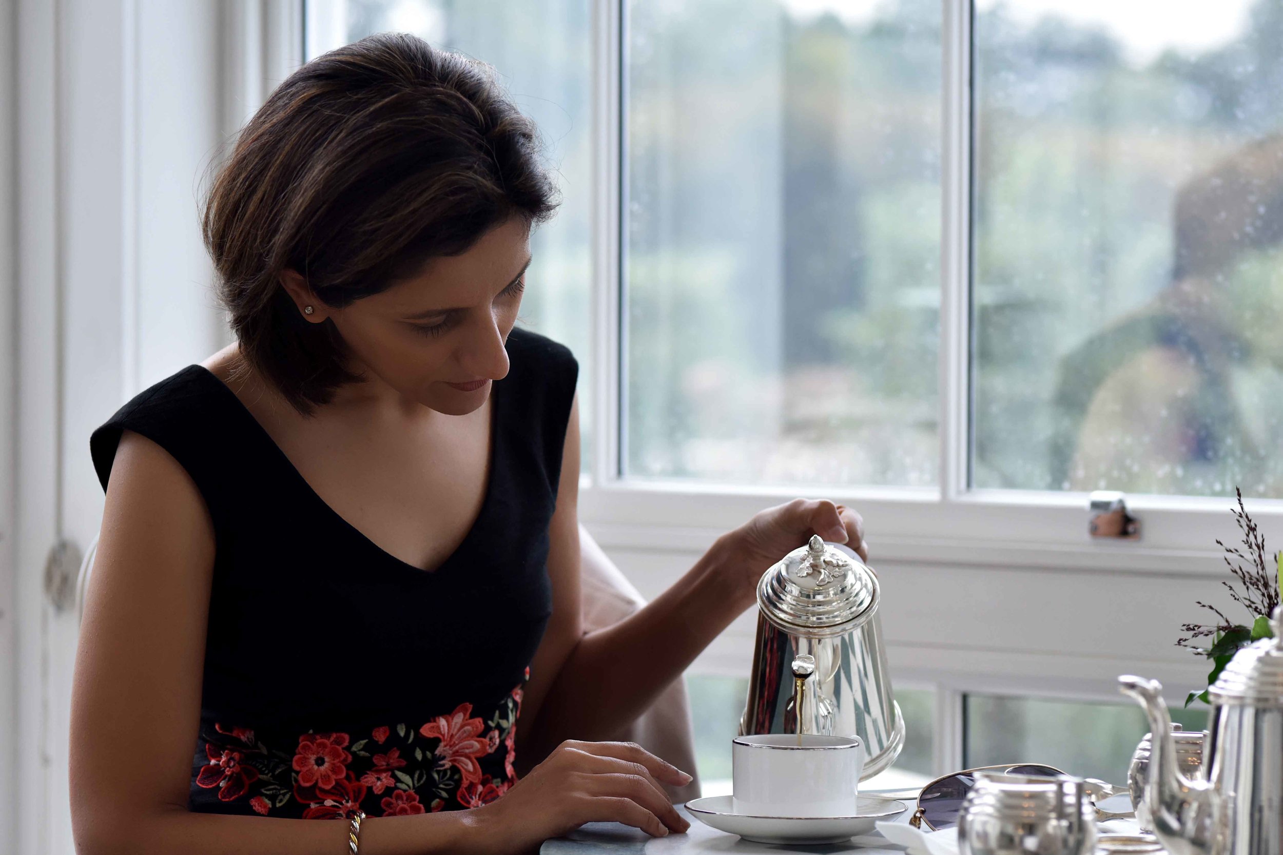 Black Karen Millen dress, high tea, afternoon tea, Coworth Park hotel and spa, Dorchester Collection, Ascot, UK. Image©sourcingstyle.com
