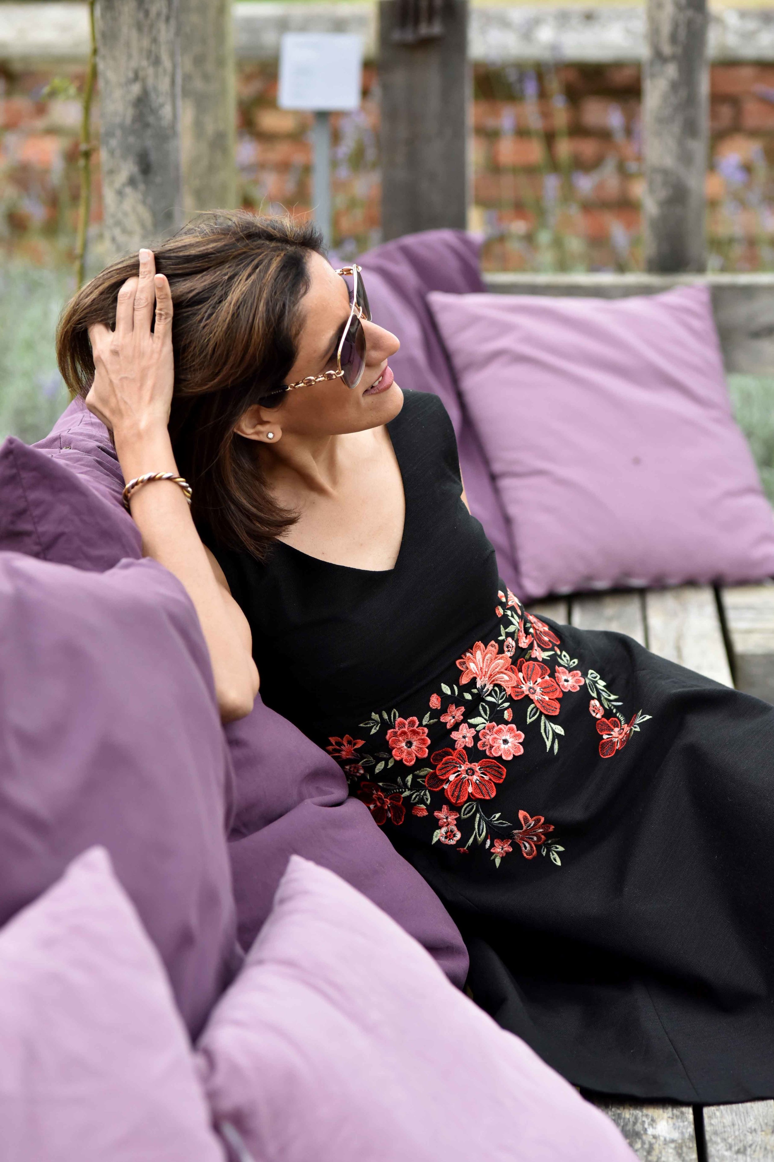 Karen Millen black embroidered dress, Coworth Park hotel, Dorchester Collection, UK. Image©sourcingstyle.com
