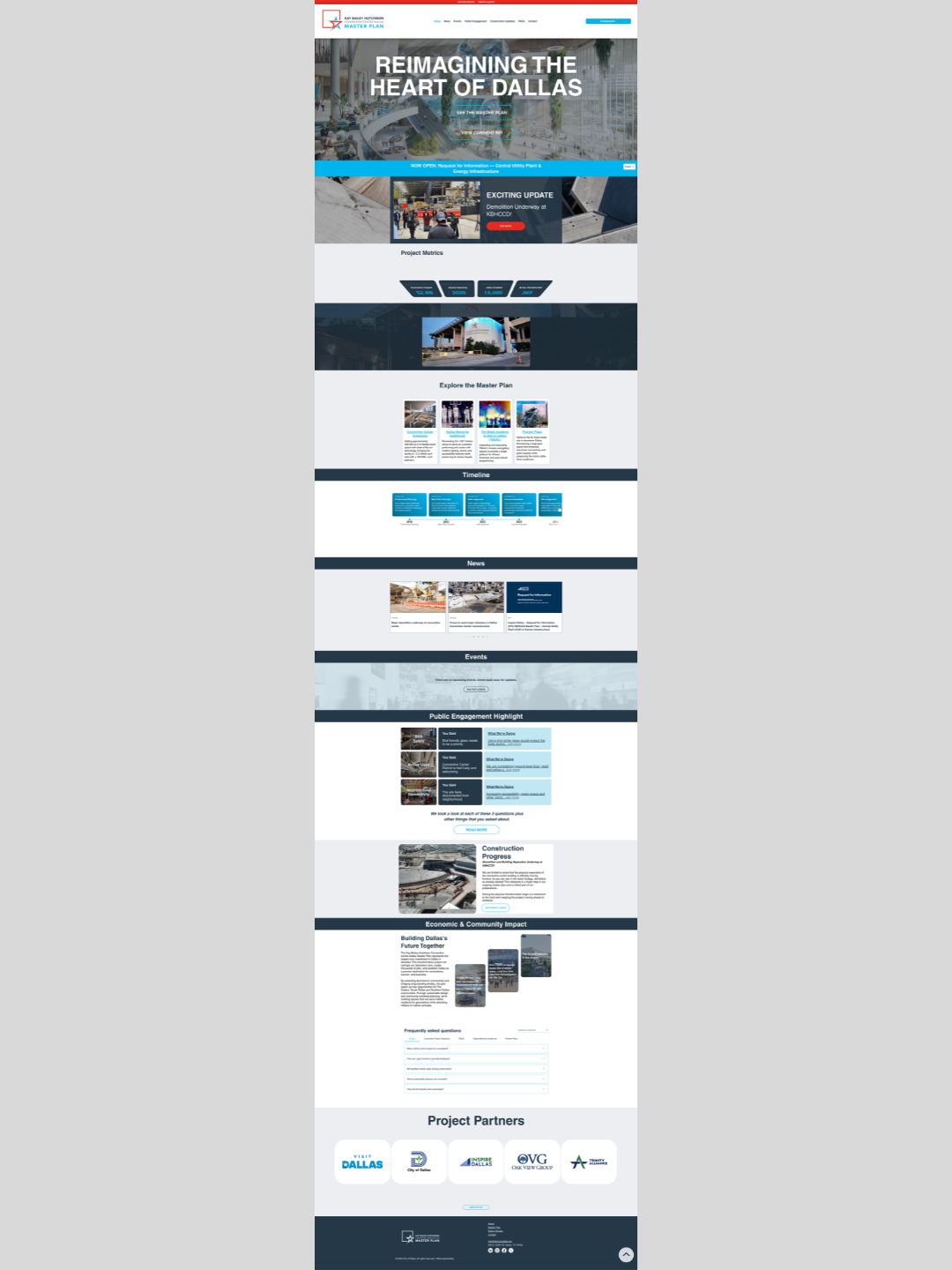 A webpage for the Dallas Master Plan showing project updates, timelines, news, events, public engagement highlights, construction progress, economic and community impact, and project partners.