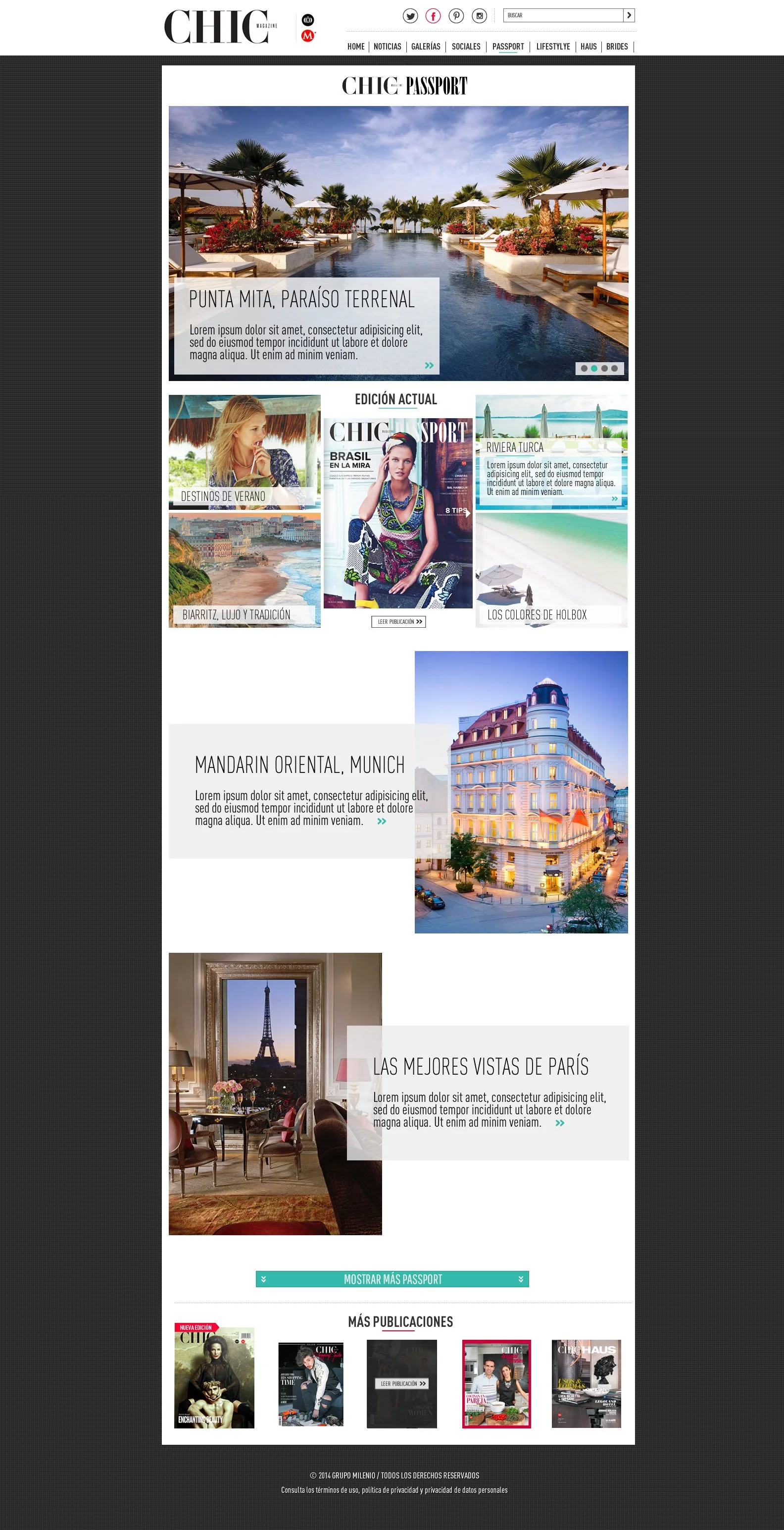 Travel website layout showcasing tropical poolside resort, vacation destinations, luxury hotel in Munich, view of Paris from interior, and magazine covers.
