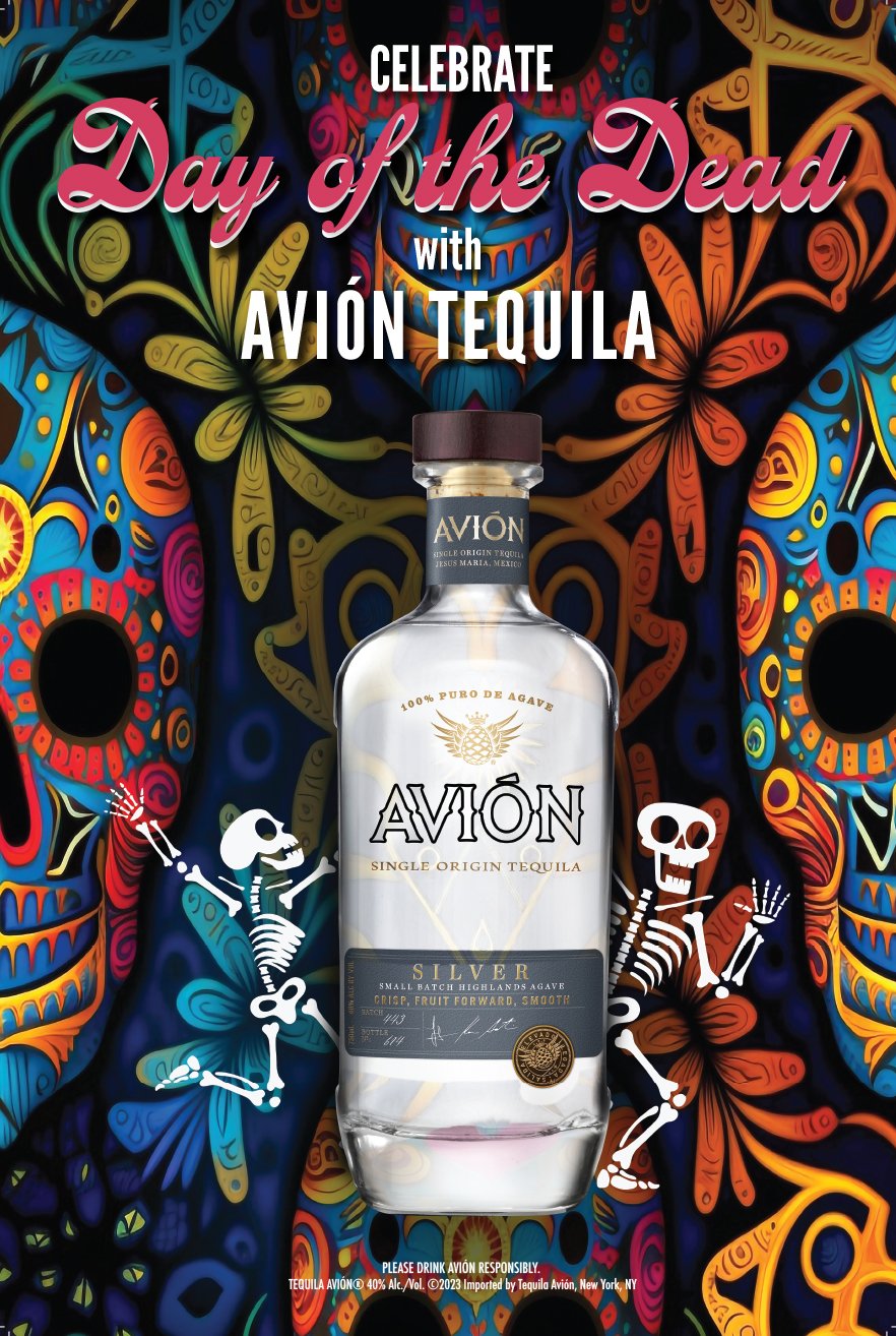 Colorful Day of the Dead themed poster featuring a bottle of Avión Tequila in the center with decorative skeletons and butterfly motifs in the background.