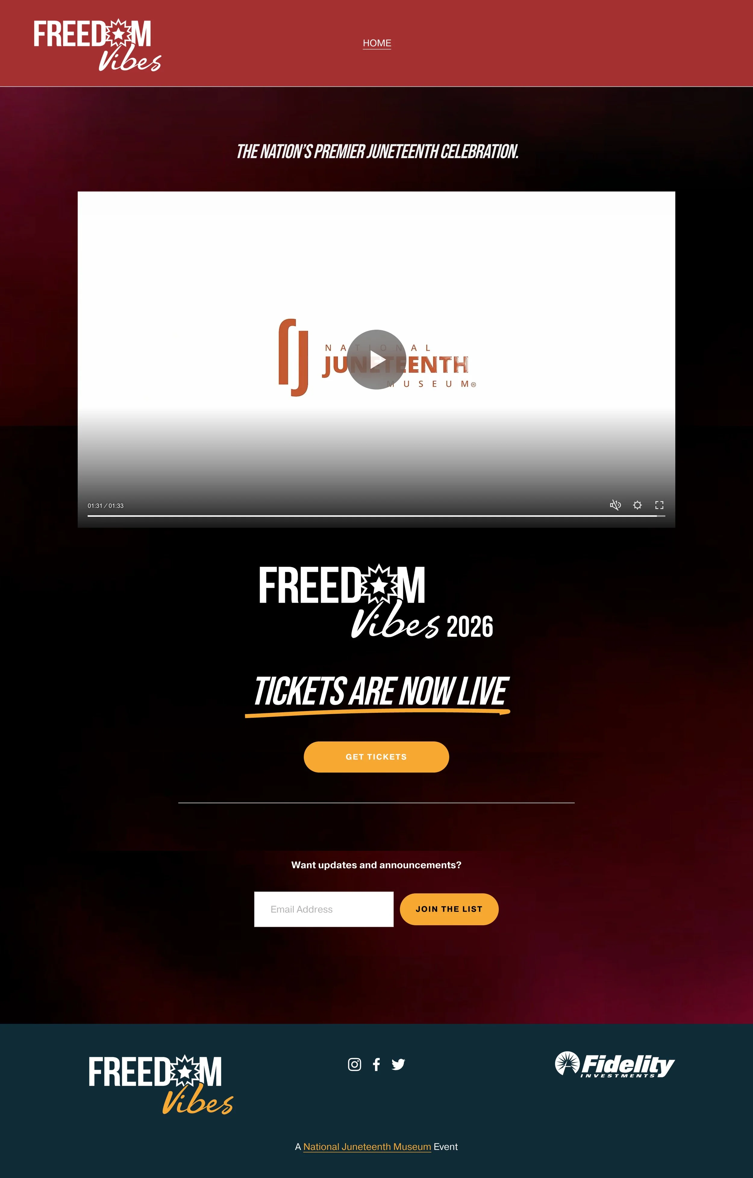 A promotional webpage for the Freedom Vibes 2026 event featuring ticket sales, social media icons, and event information with branding for the National Juneteenth Museum.