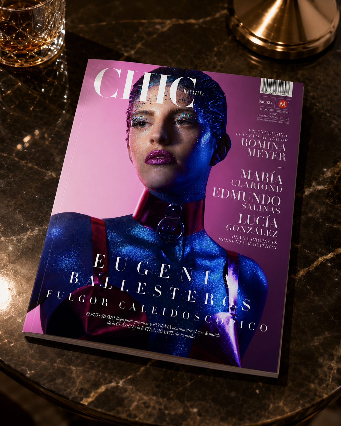 Cover of Chic Magazine featuring Eugenia Ballesteros with glitter makeup, wearing a dark outfit with red straps and a shiny choker, against a pink background.