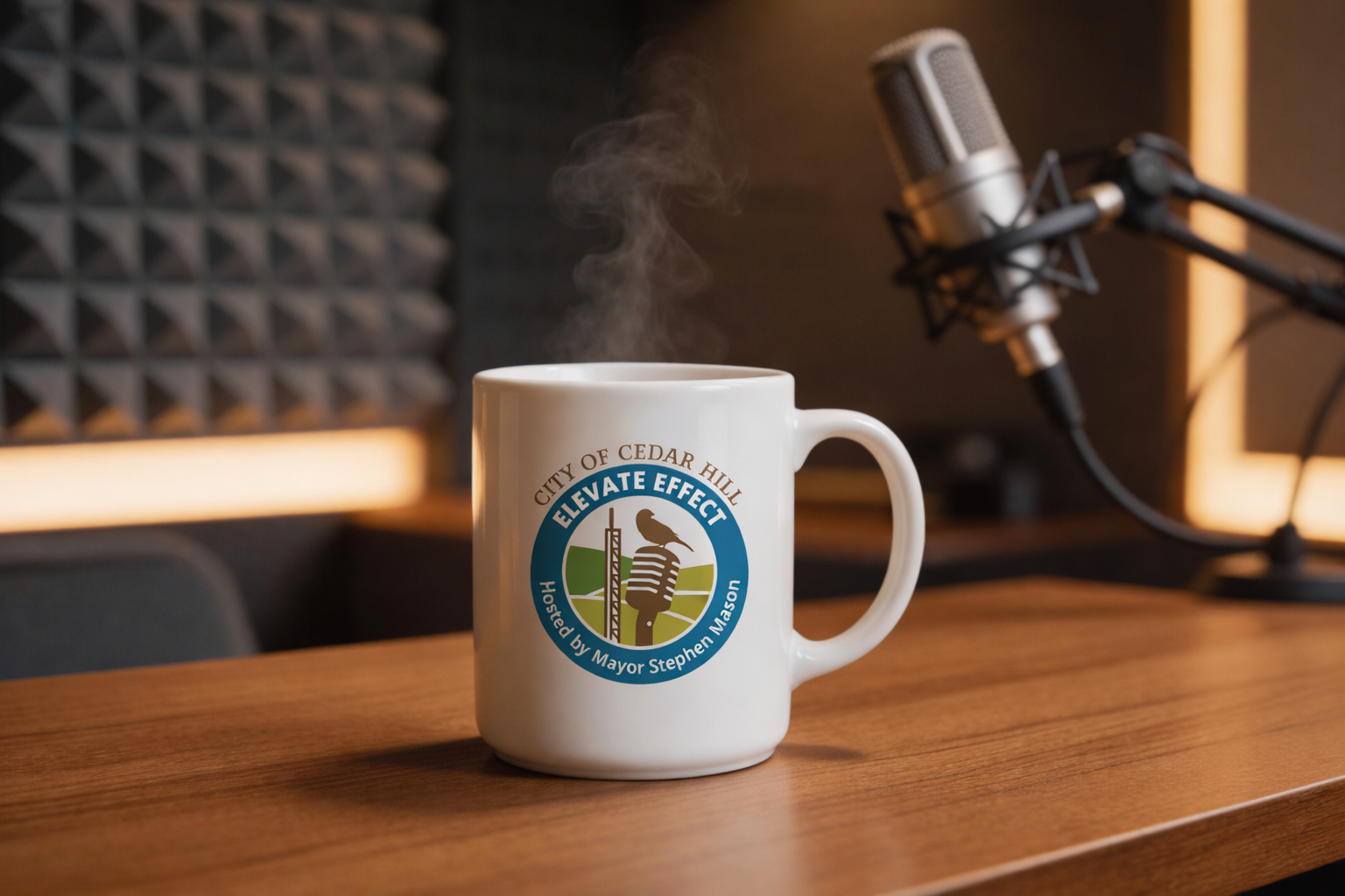 A white coffee mug with a logo that reads 'City of Cedar Hill, Elevate Effect, hosted by Mayor Stephen Mason', placed on a wooden table with steam rising from it. A microphone is visible in the background.