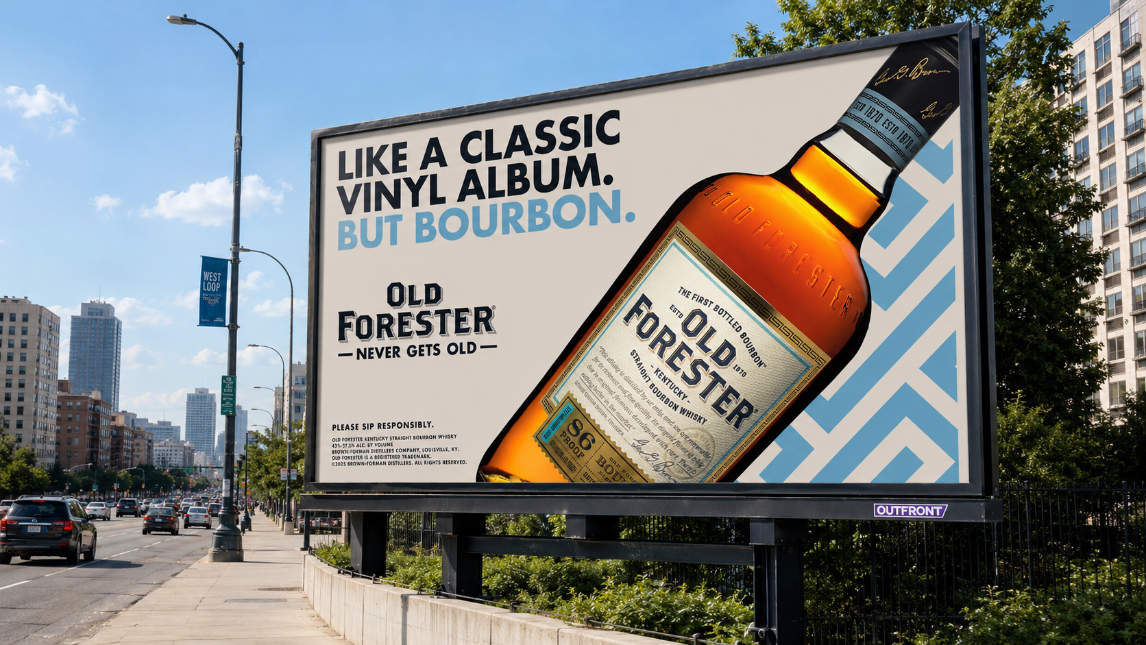 Advertisement for Old Forester bourbon whiskey with tagline 'like a classic vinyl album, but bourbon'. Features a large bottle of Old Forester Kentucky straight bourbon whiskey and information about the brand.
