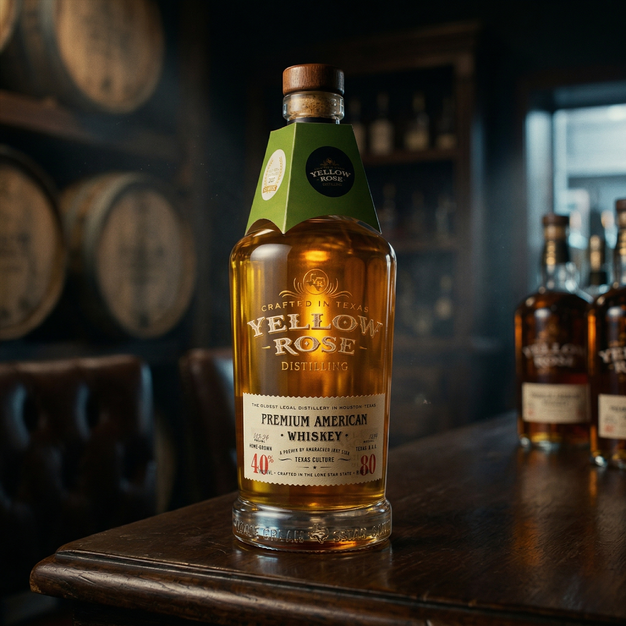 A bottle of Yellow Rose premium American whiskey on a wooden bar counter, with barrel decorations in the background.