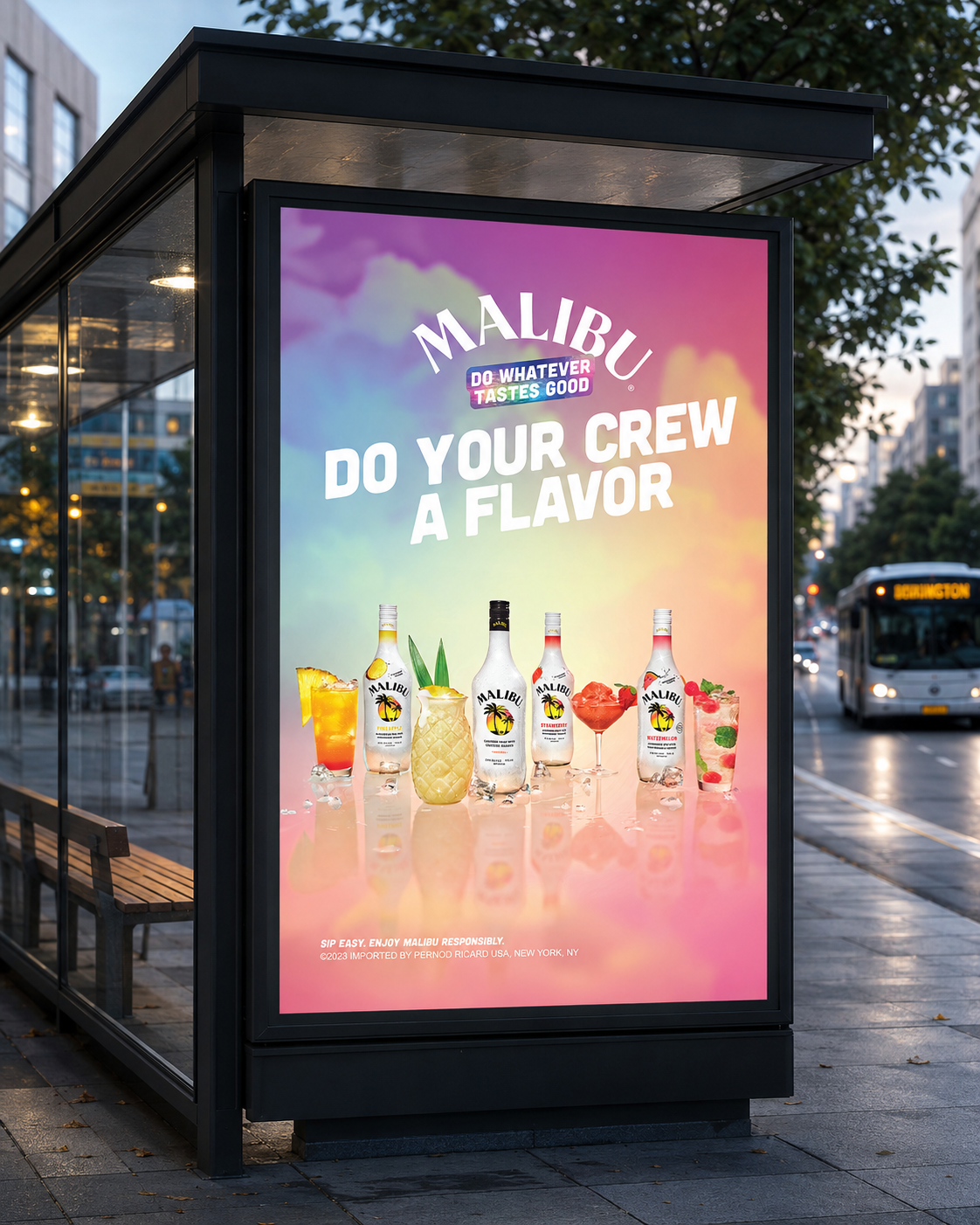 Colorful Malibu advertisement featuring bottles of Malibu rum and various cocktails with tropical garnishes, set against a pastel sky background.