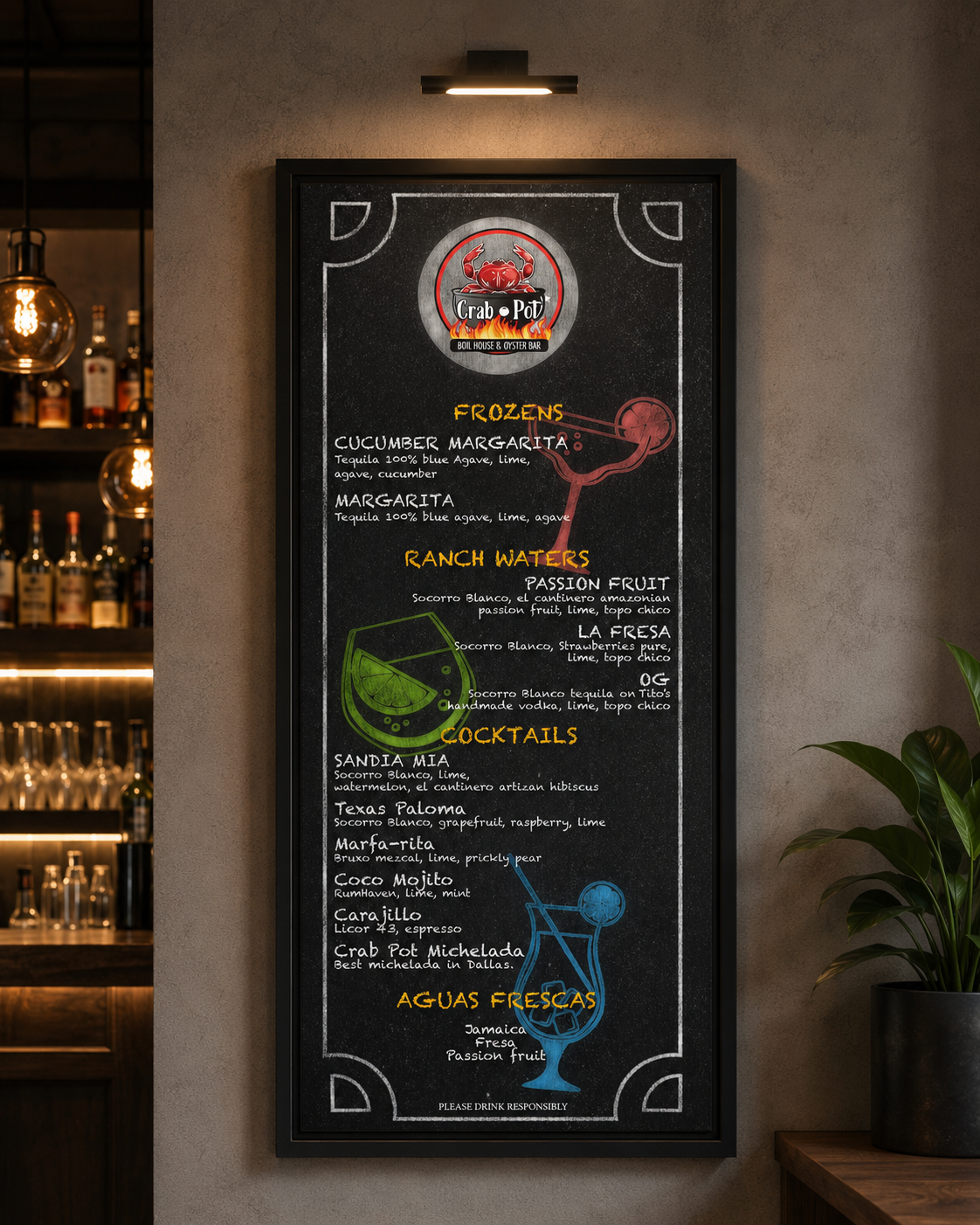 Menu board featuring the restaurant Crab Pot, Boil House & Oyster Bar, with sections for Frozons, Ranch Waters, Cocktails, and Aguas Frescas, decorated with illustrations of a crab, a lime wedge, and a cocktail glass.