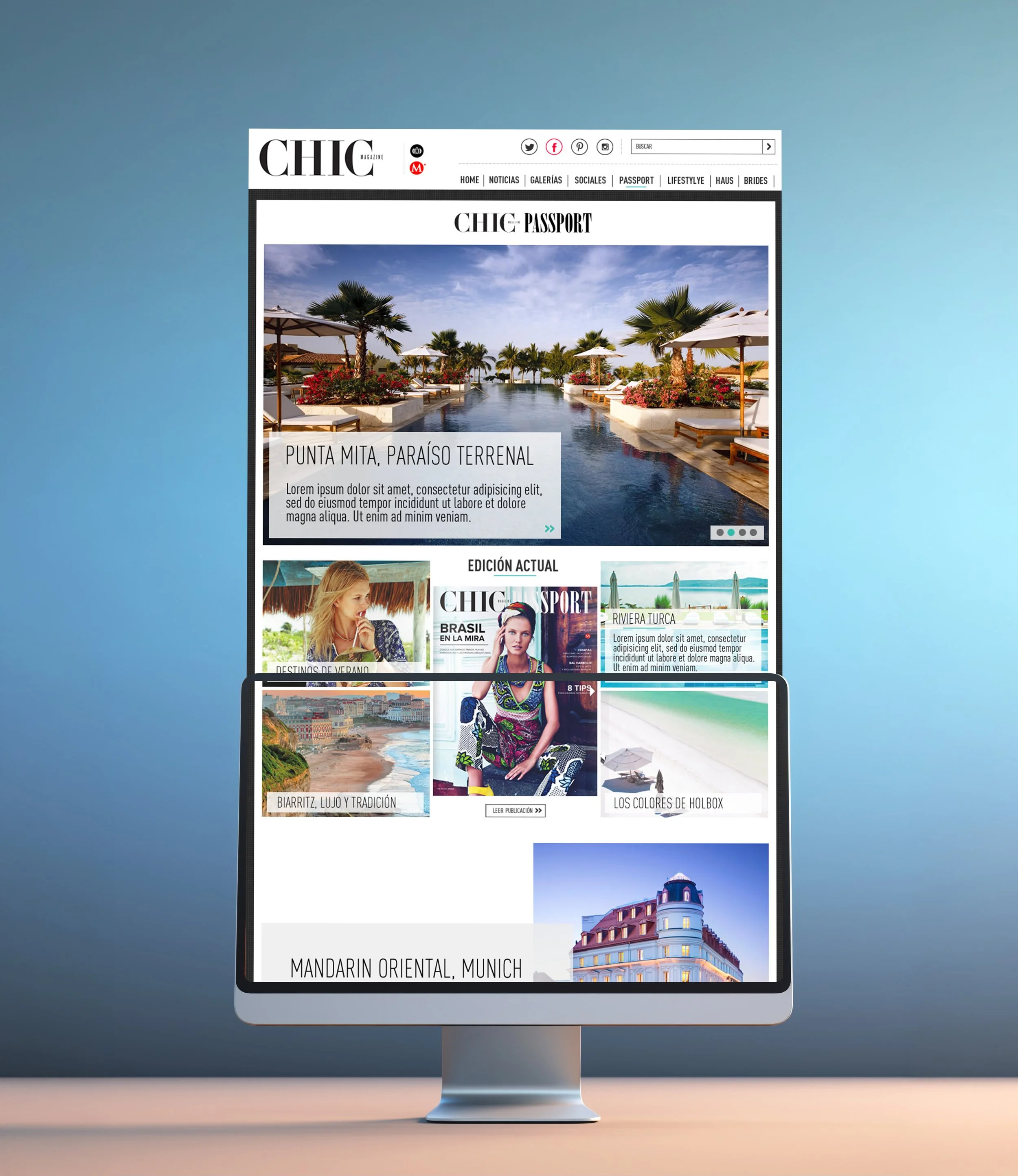 Travel website layout showcasing tropical poolside resort, vacation destinations, luxury hotel in Munich, view of Paris from interior, and magazine covers.
