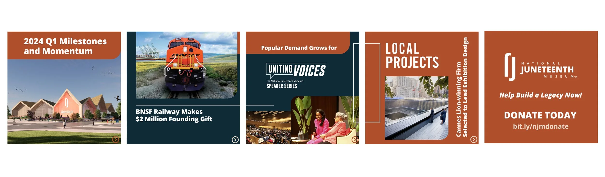 A promotional graphic telling the story of the National Juneteenth Museum, highlighting milestones, local projects, donations, and events, with images of the museum building, a train, people at an event, and the 9/11 Memorial.