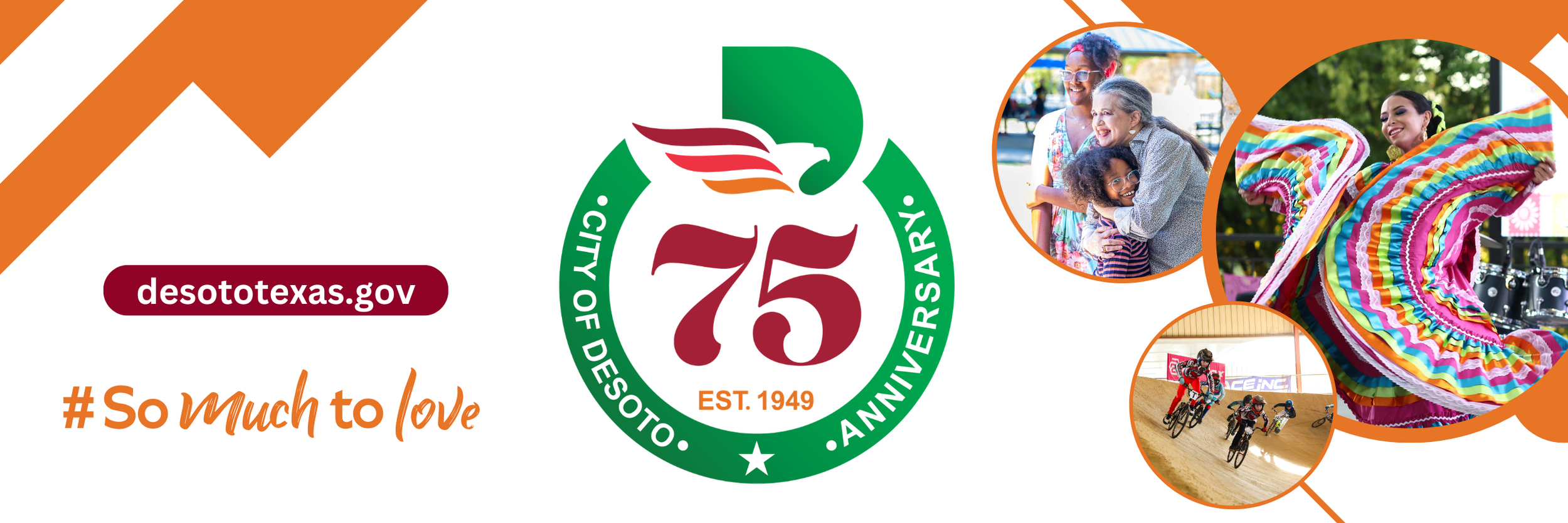 Celebrating the 75th anniversary of the Texas Department of Agriculture with photos of diverse people enjoying outdoor activities, including dancing, cycling, and hugging, alongside the department's logo and website URL.