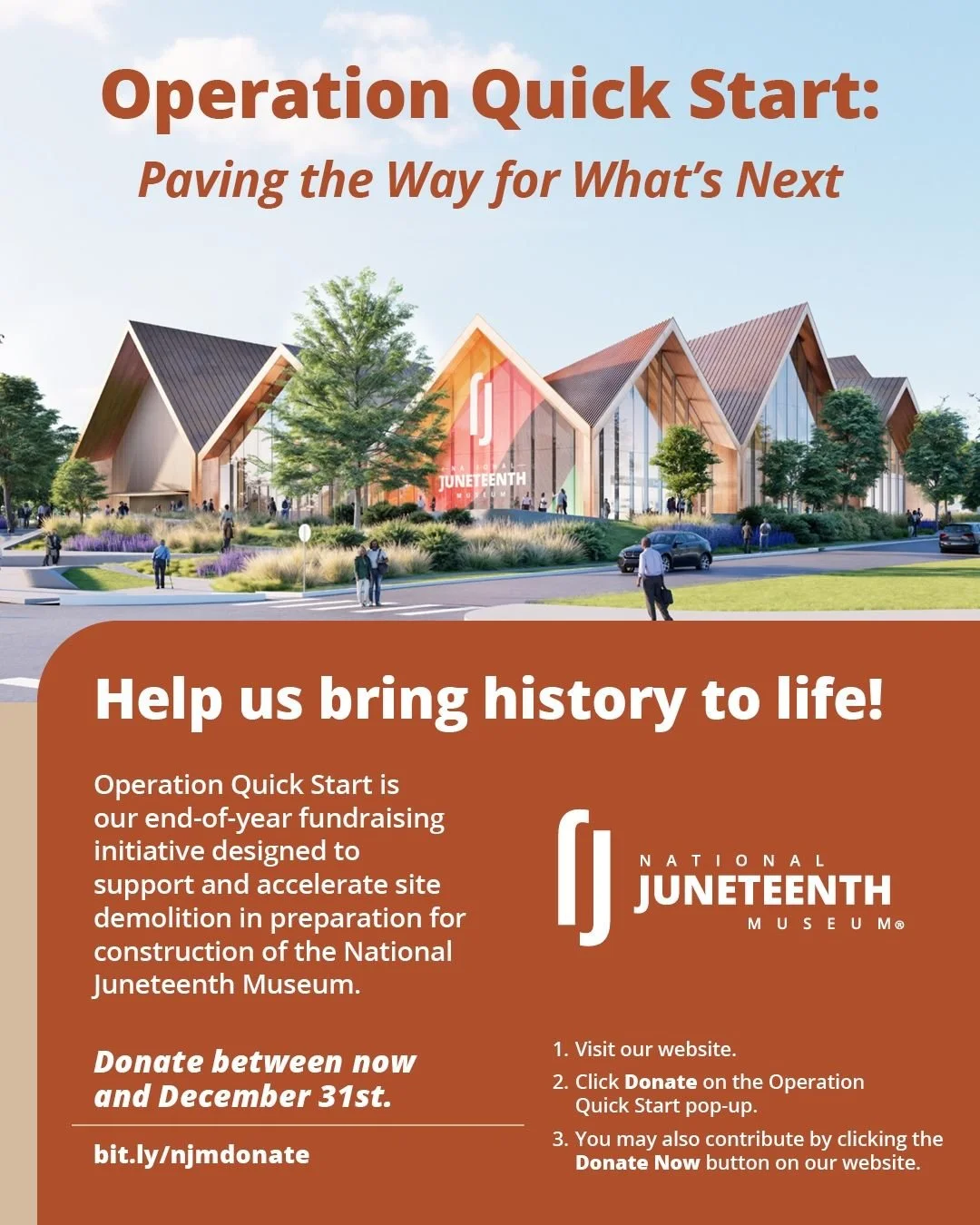 A promotional flyer for the National Juneteenth Museum featuring an architectural rendering of the museum building with modern design and greenery. The flyer has an orange section with white text, encouraging donations for the museum's development, and provides instructions for contributing online.