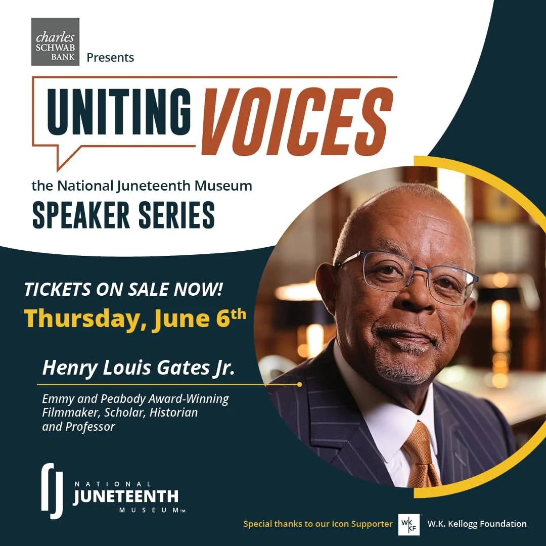 Poster for a speaker event titled 'Uniting Voices' at the National Juneteenth Museum featuring Henry Louis Gates Jr., scheduled for Thursday, June 6th. The poster includes a photo of Henry Louis Gates Jr., who is described as an Emmy and Peabody Award-winning filmmaker, scholar, historian, and professor.