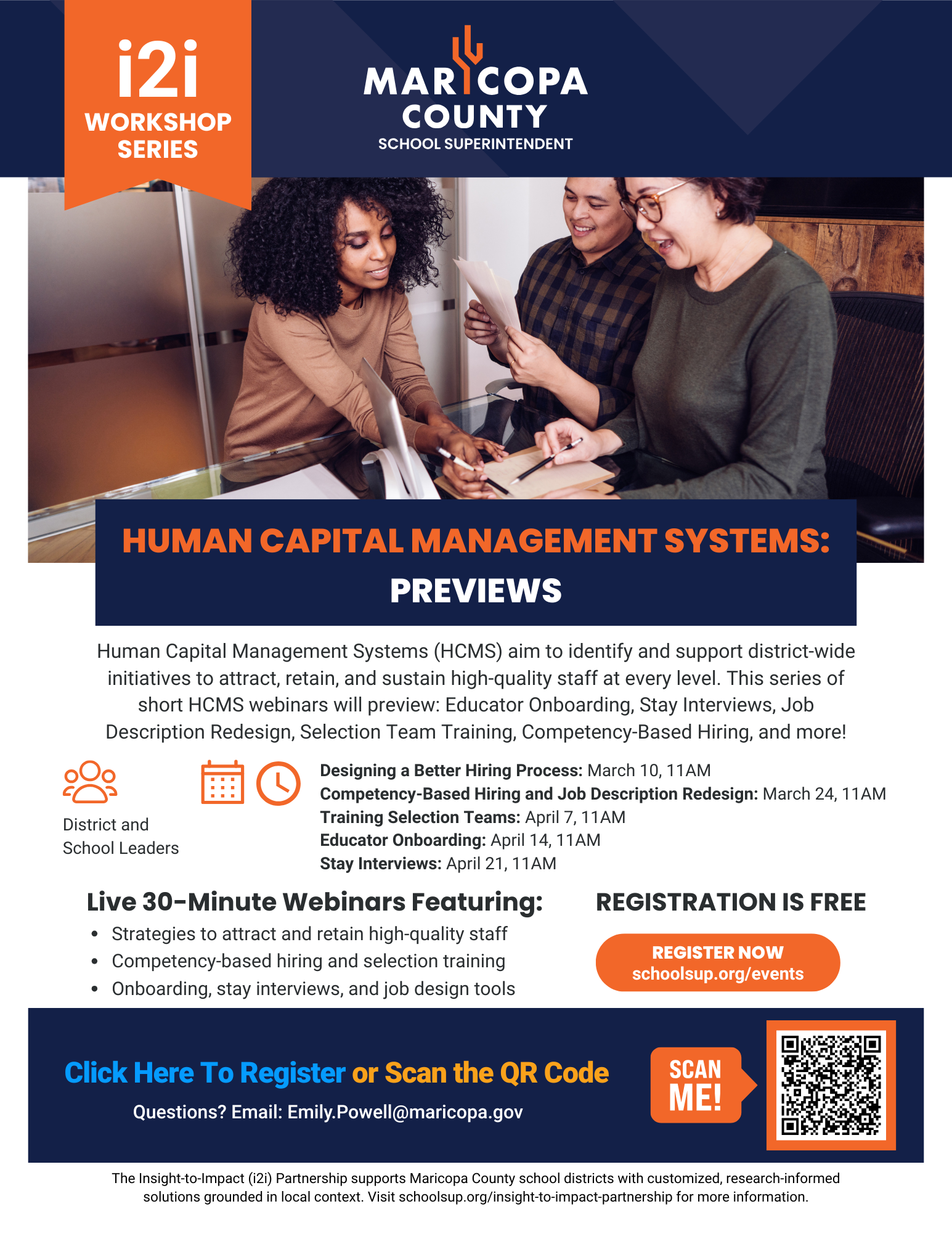 i2i Workshop Series “Human Capital Management Systems: Previews” flyer by the Maricopa County School Superintendent Office. Free March–April webinars with QR code registration and contact info.