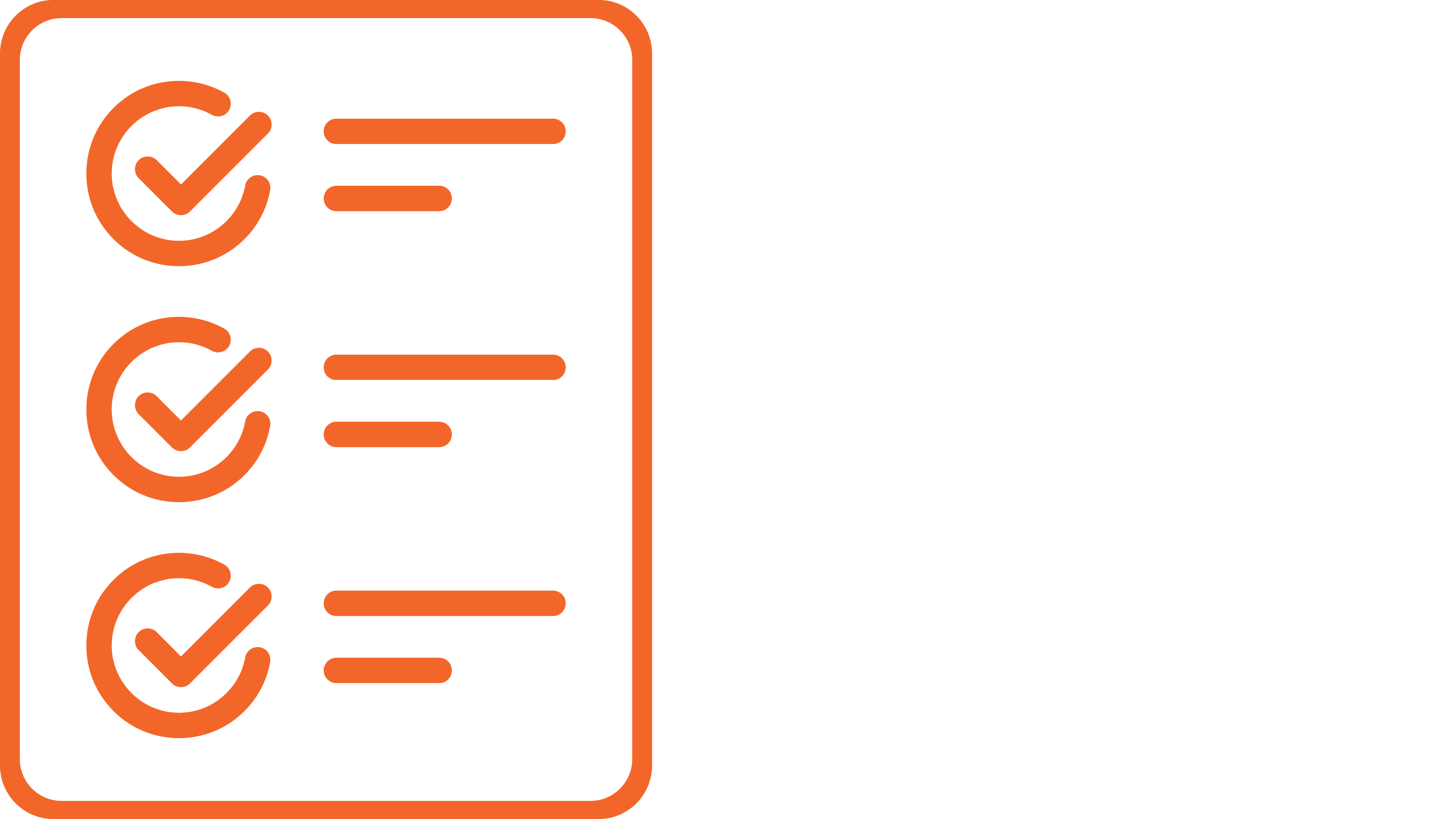 An orange icon of a checklist on a black background. The checklist features three items, each with a circular checkbox containing a checkmark, with horizontal lines indicating text beside them.