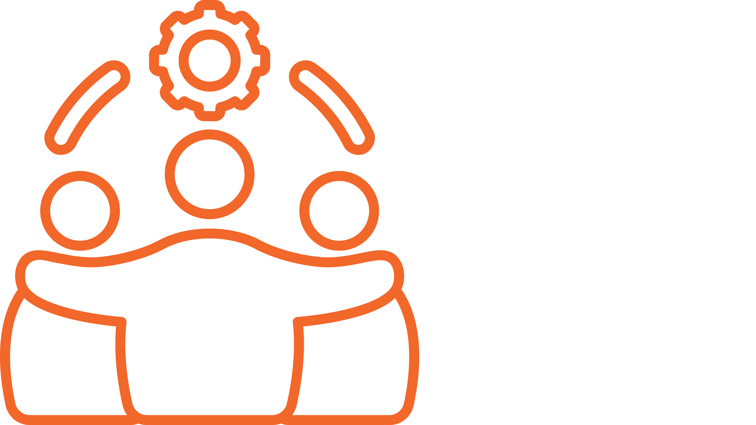 Three orange outlined figures stand side by side with arms around each other under a gear icon, indicating teamwork and collaboration.