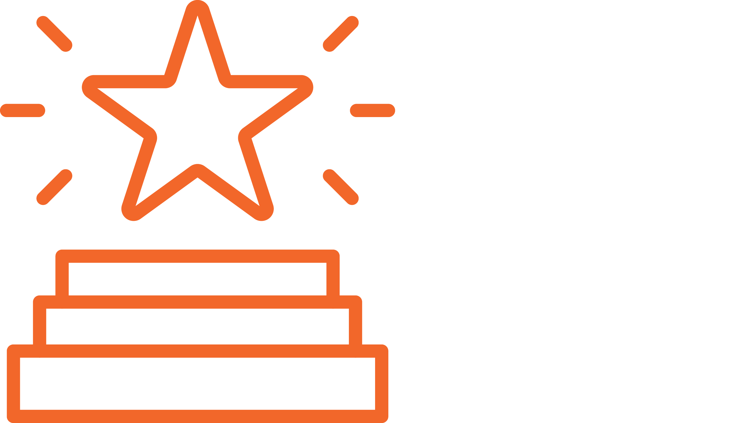 Orange outline of a star atop a three-tiered podium, with rays emanating from the star, symbolizing achievement or excellence.