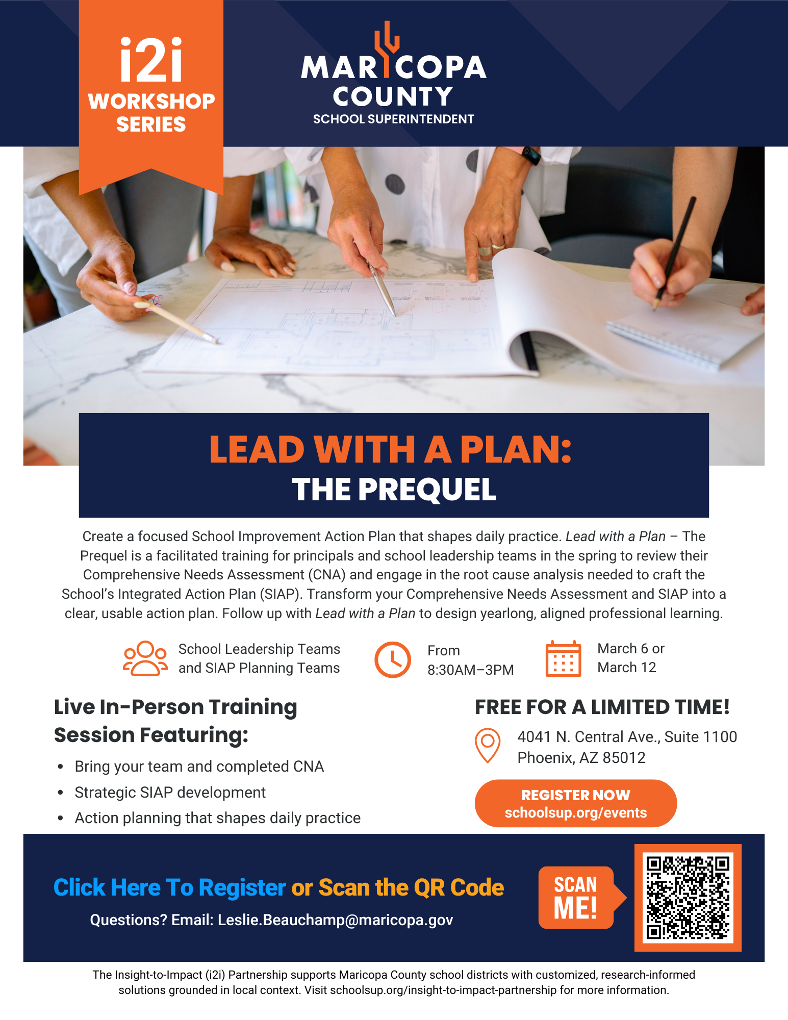 Lead with a Plan: The Prequel workshop flyer by the Maricopa County School Superintendent Office. Free school improvement planning training March 6 and 12 in Phoenix for leadership teams. Includes registration QR code and website.