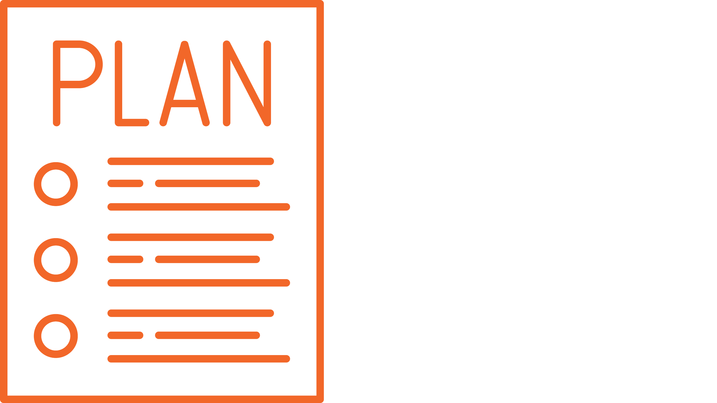 An orange outline of a document with the word "PLAN" at the top and three bullet points listed below, each with lines representing text.