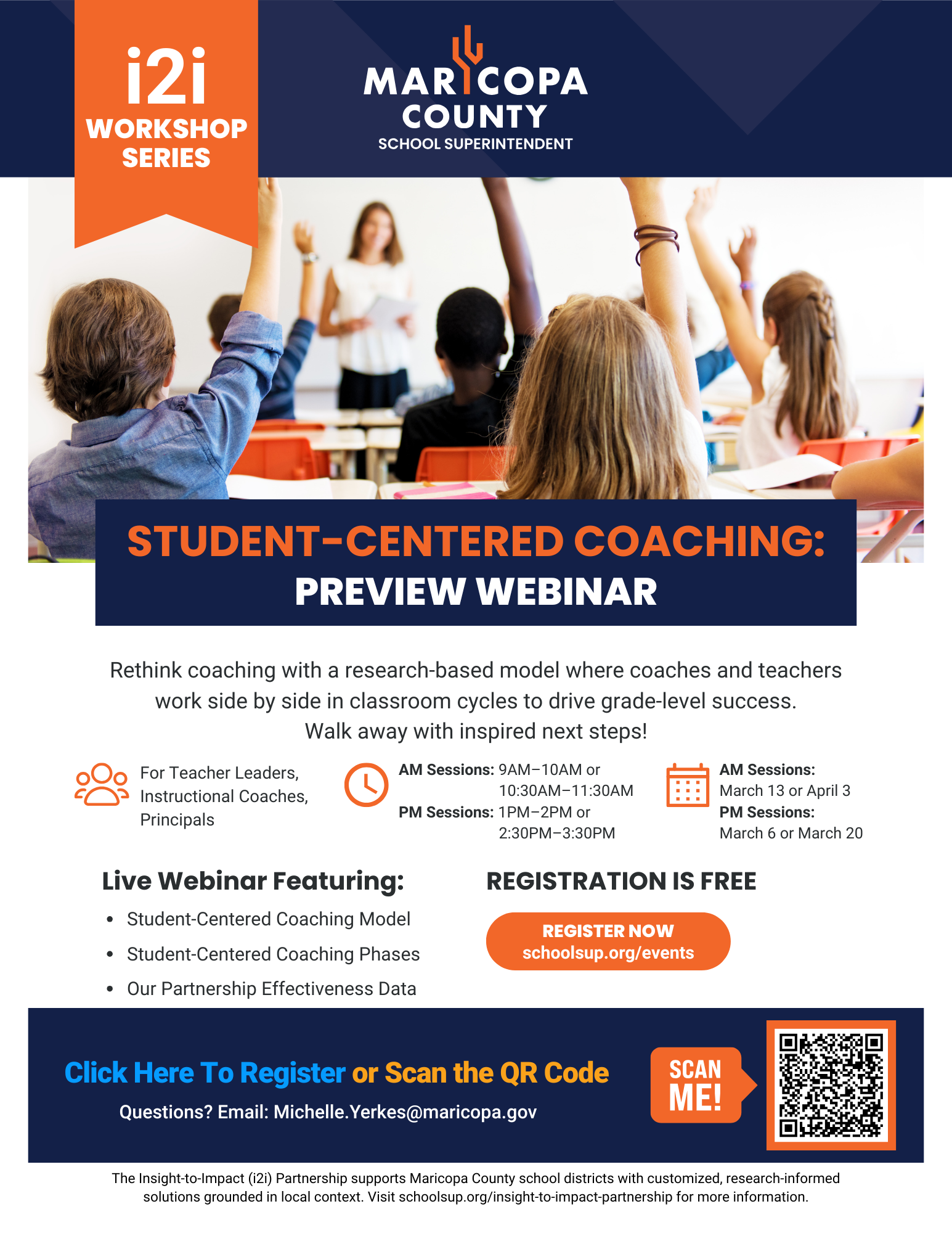 i2i Workshop Series flyer by the Maricopa County School Superintendent Office featuring a student-centered coaching preview webinar. Includes session details, registration info, QR code, and contact email.
