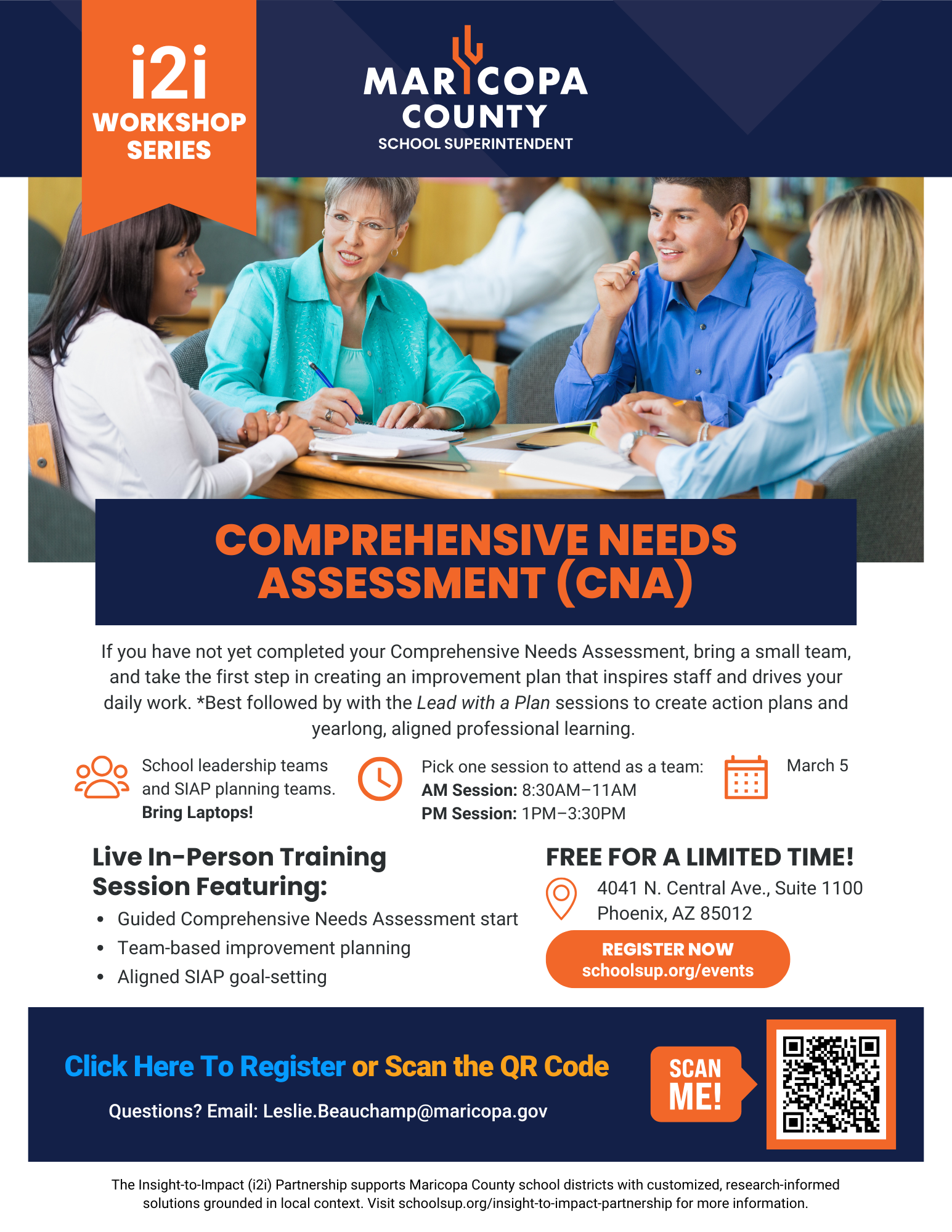 Comprehensive Needs Assessment workshop flyer by the Maricopa County School Superintendent Office. Free March 5 training in Phoenix with AM and PM options. Includes QR code and contact info.