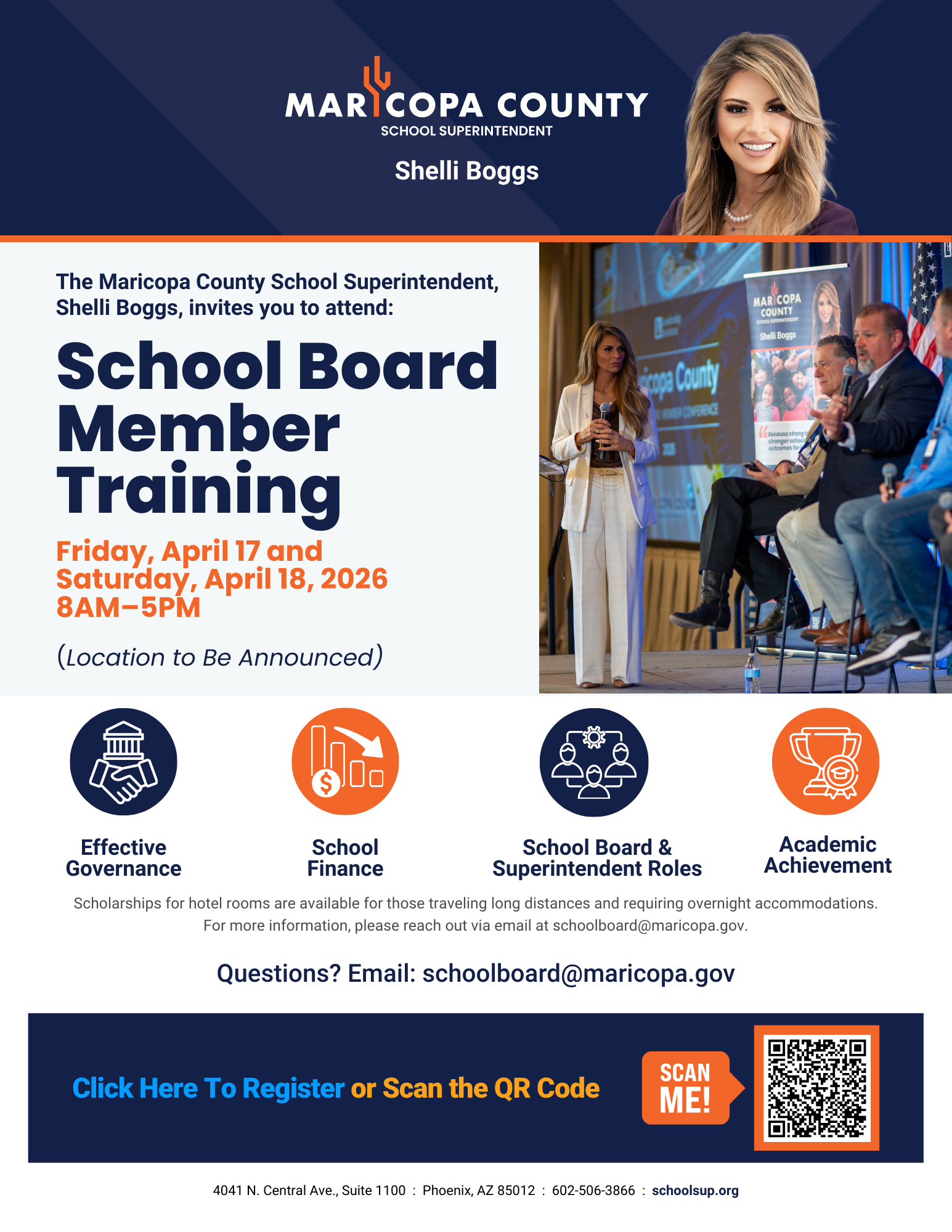 School Board Member Training flyer hosted by Maricopa County School Superintendent Shelli Boggs, April 2026, with governance and finance topics and registration details.