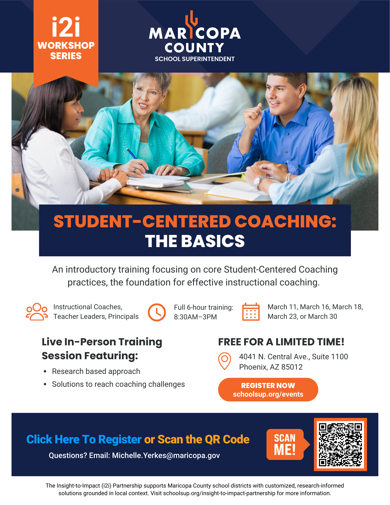 Student-Centered Coaching: The Basics workshop flyer by the Maricopa County School Superintendent Office. Free in-person training in Phoenix for instructional coaches and school leaders. Includes dates, QR code, and contact info.