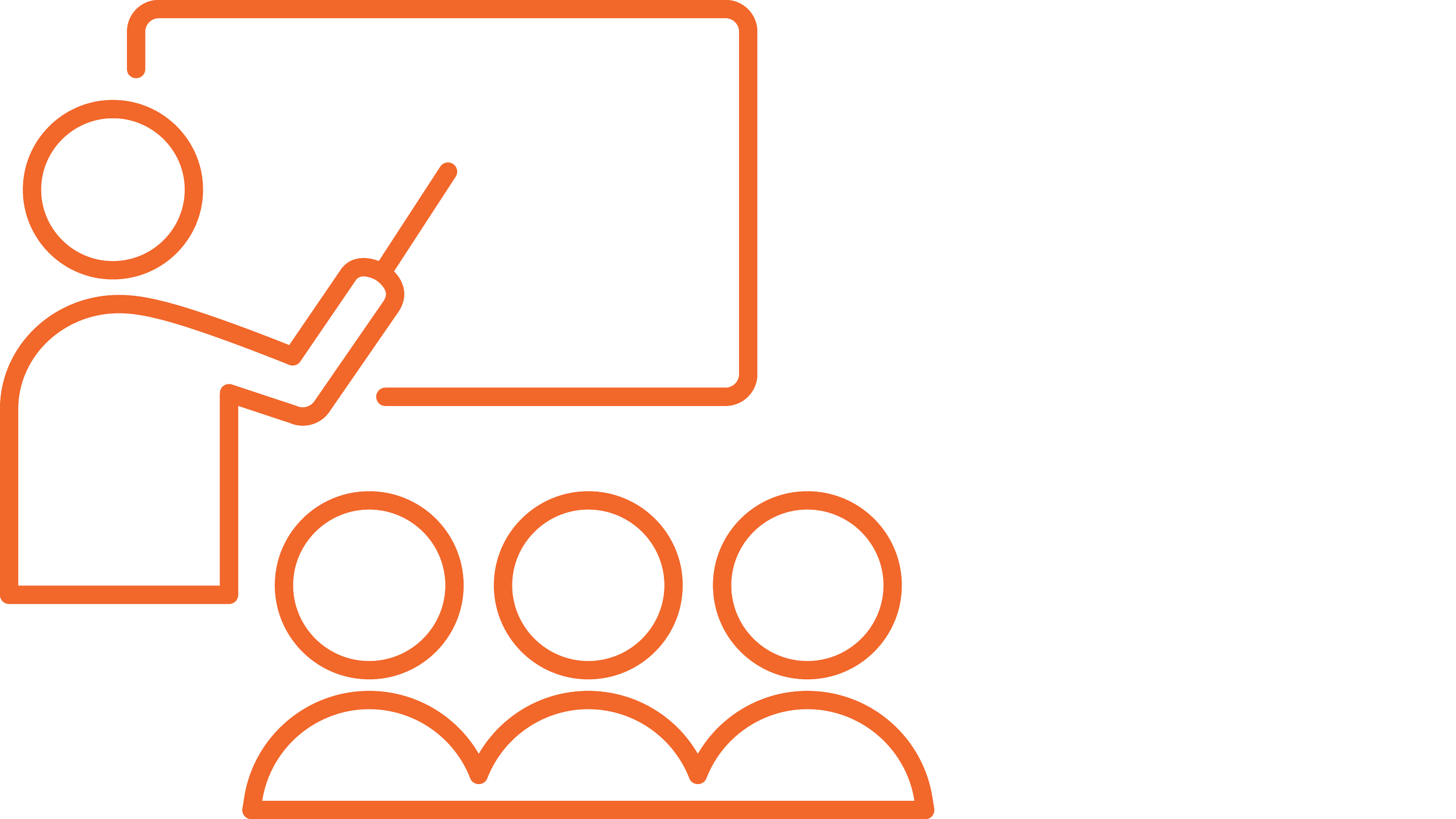 Icon of a teacher pointing at a chalkboard with a stick while three students sit facing forward in an audience. The design is outlined in orange.