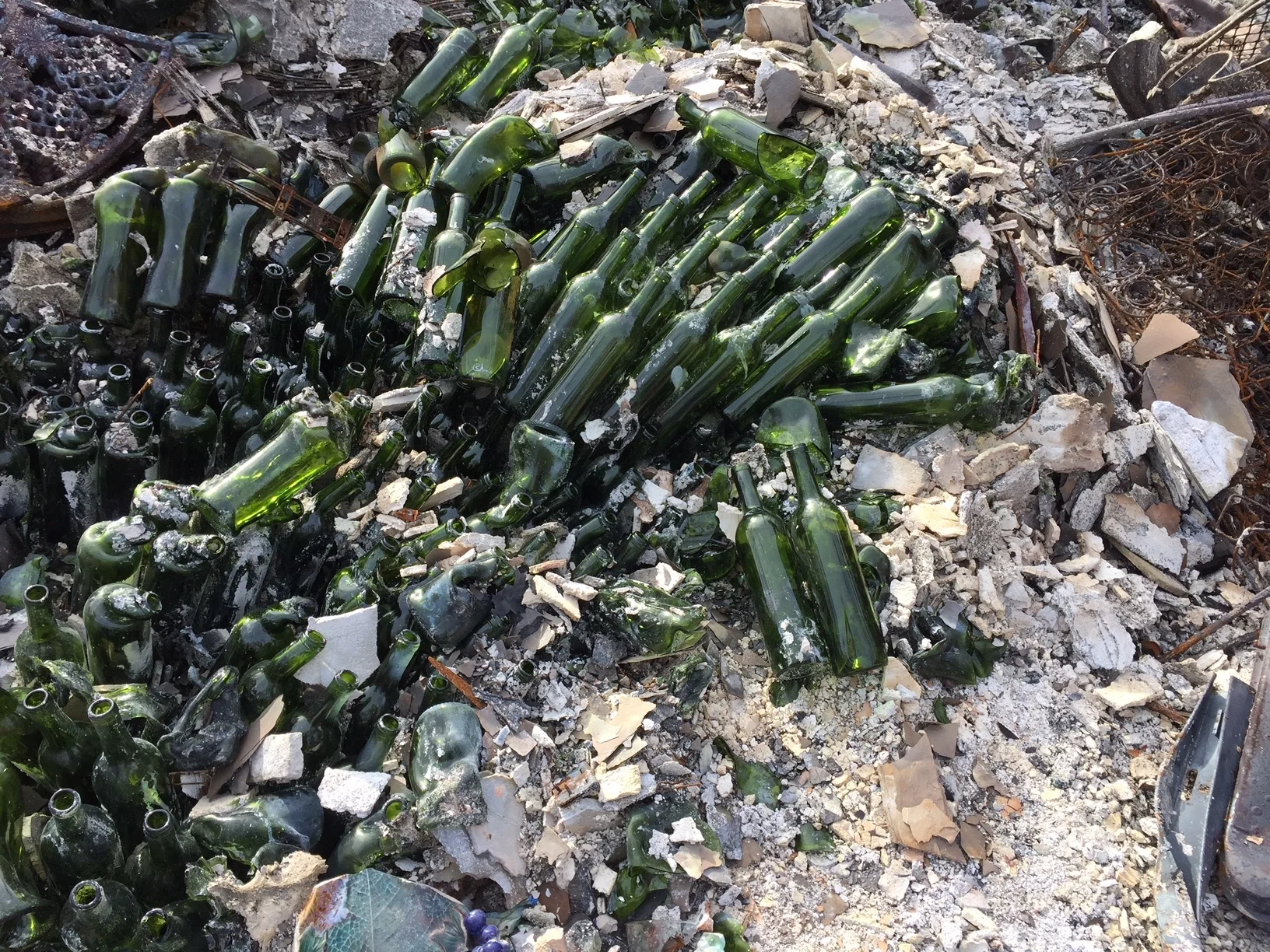 Wine bottles recovered by Gary Bayless, a Santa Rosa artist who lost his home