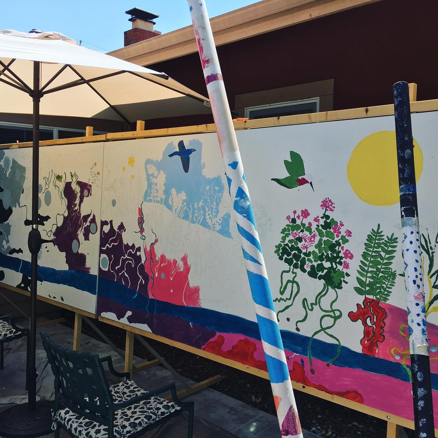 Progress shot of the group mural making at @onthemovebayarea &lsquo;s Innovations Community Center. I created the design after discussing the pandemic experience with some of these fine folks. Once finalized, I drew it on the 4&rsquo;x16&rsquo; board