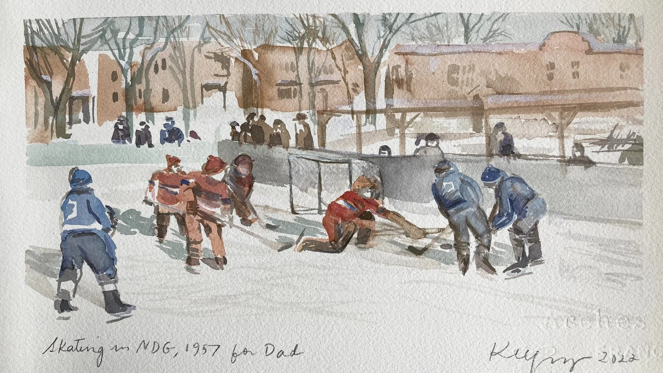 A watercolor for my dad &mdash;
his childhood neighborhood in Montr&eacute;al, where winters meant hockey in Westmount Park (NDG).

A small way to hold family history, winter light, and the places that shape us.

Feels right to share this at Christma