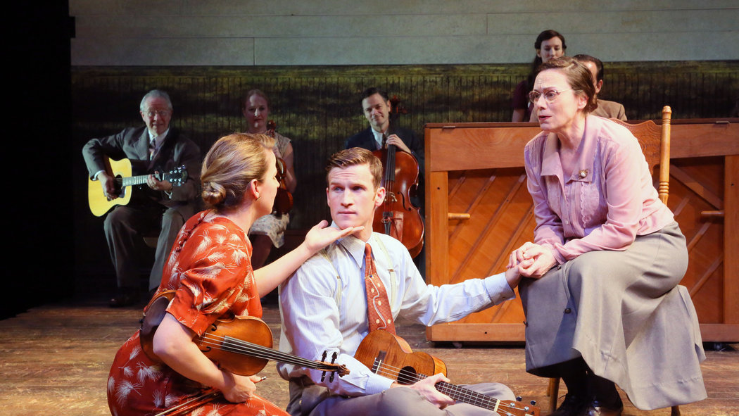Foreground from left to right: Jessica Tyler Wright, Claybourne Elder and Alma Cuervo. Background from Left to right: Ed Romanoff, Megan Loomis and Paul Lincoln