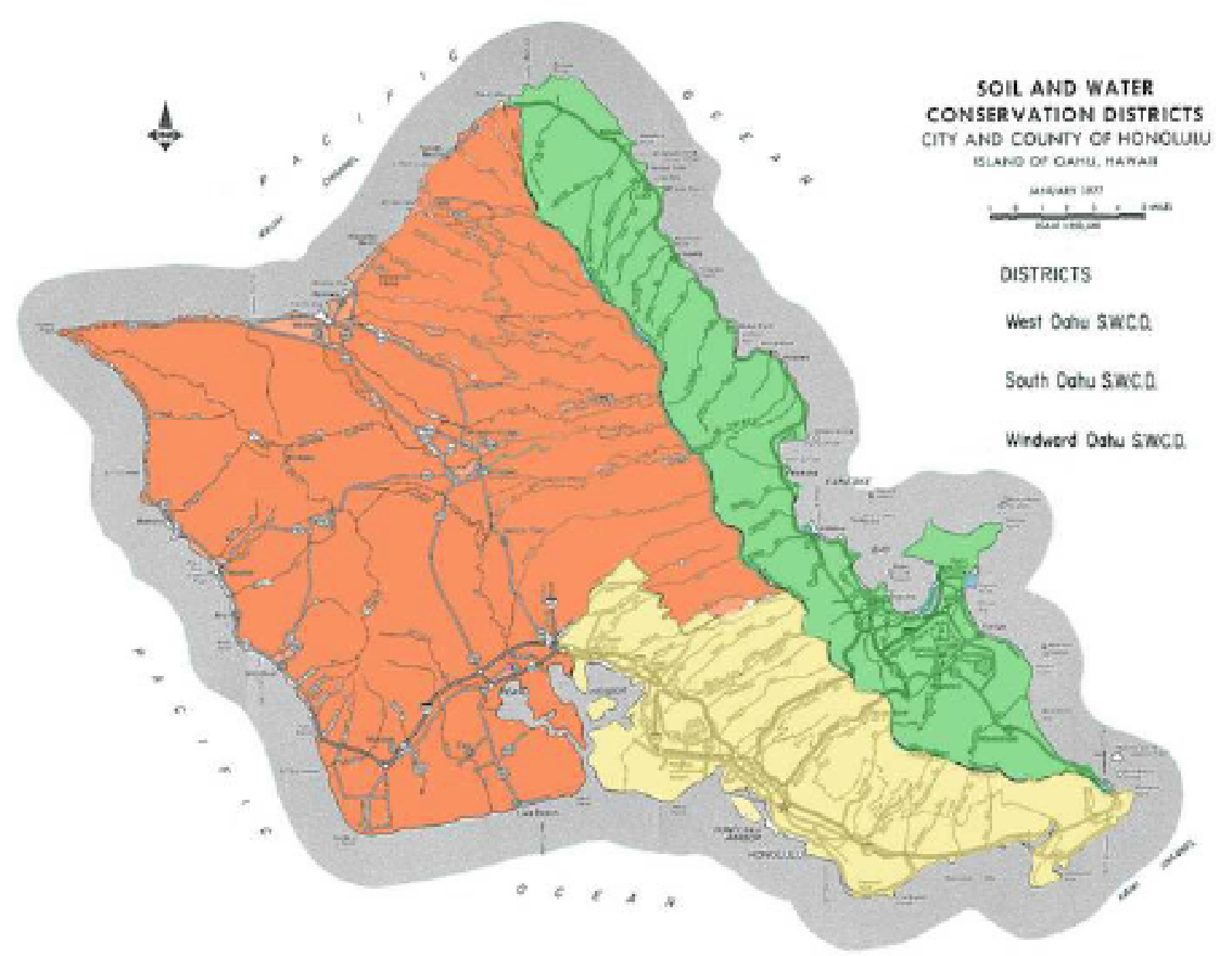 Orange: West Oahu, Yellow: South Oahu, Green: Windward Oahu
