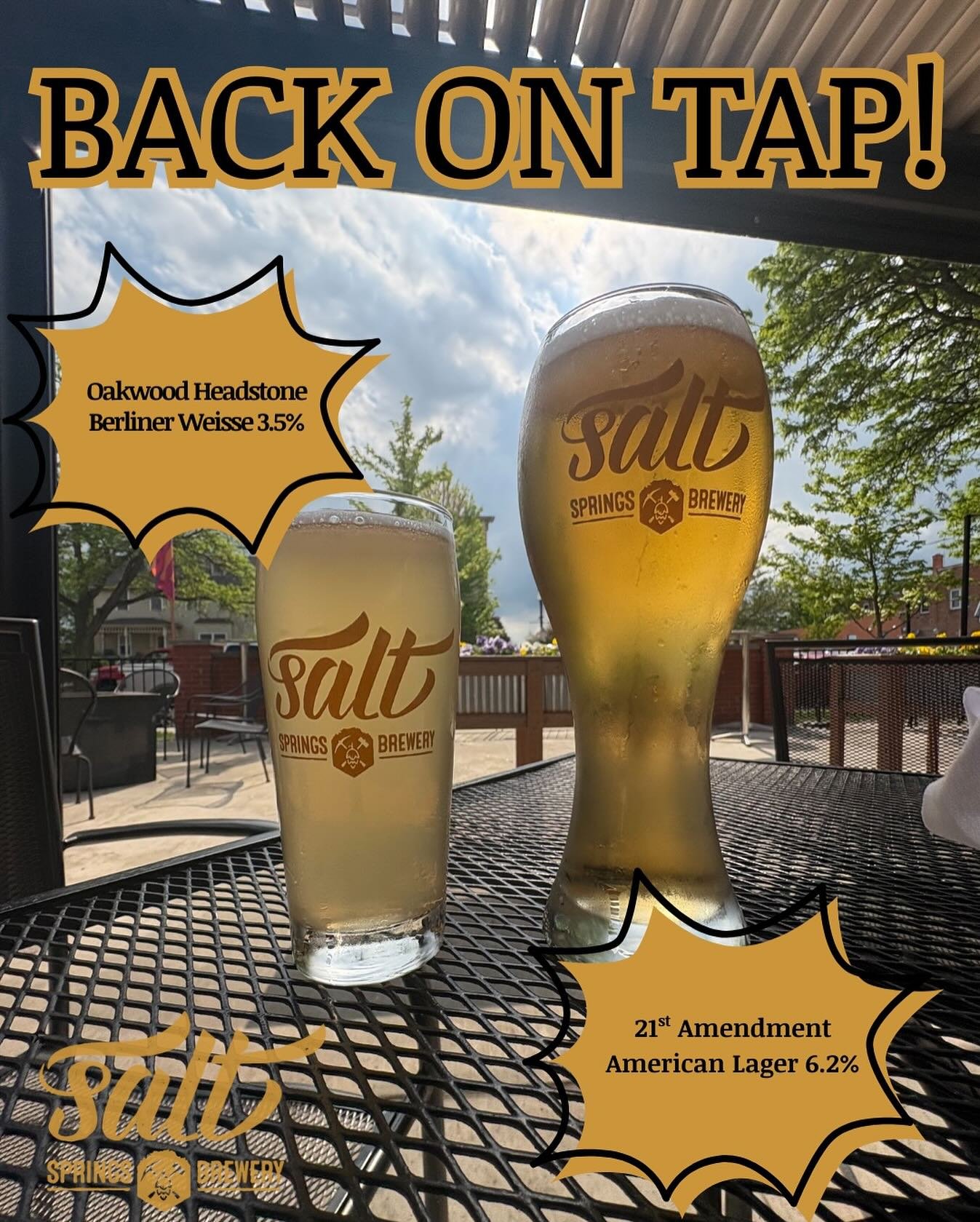 Cheers, beer lovers! 🍻 We&rsquo;ve tapped two refreshing brews at Salt Springs Brewery: Oakwood Headstone Berliner Weisse (3.5%) and 21st Amendment American Lager (6.2%). Now back on tap and ready for you to enjoy&mdash;come grab a pint!

 #SaltSpri