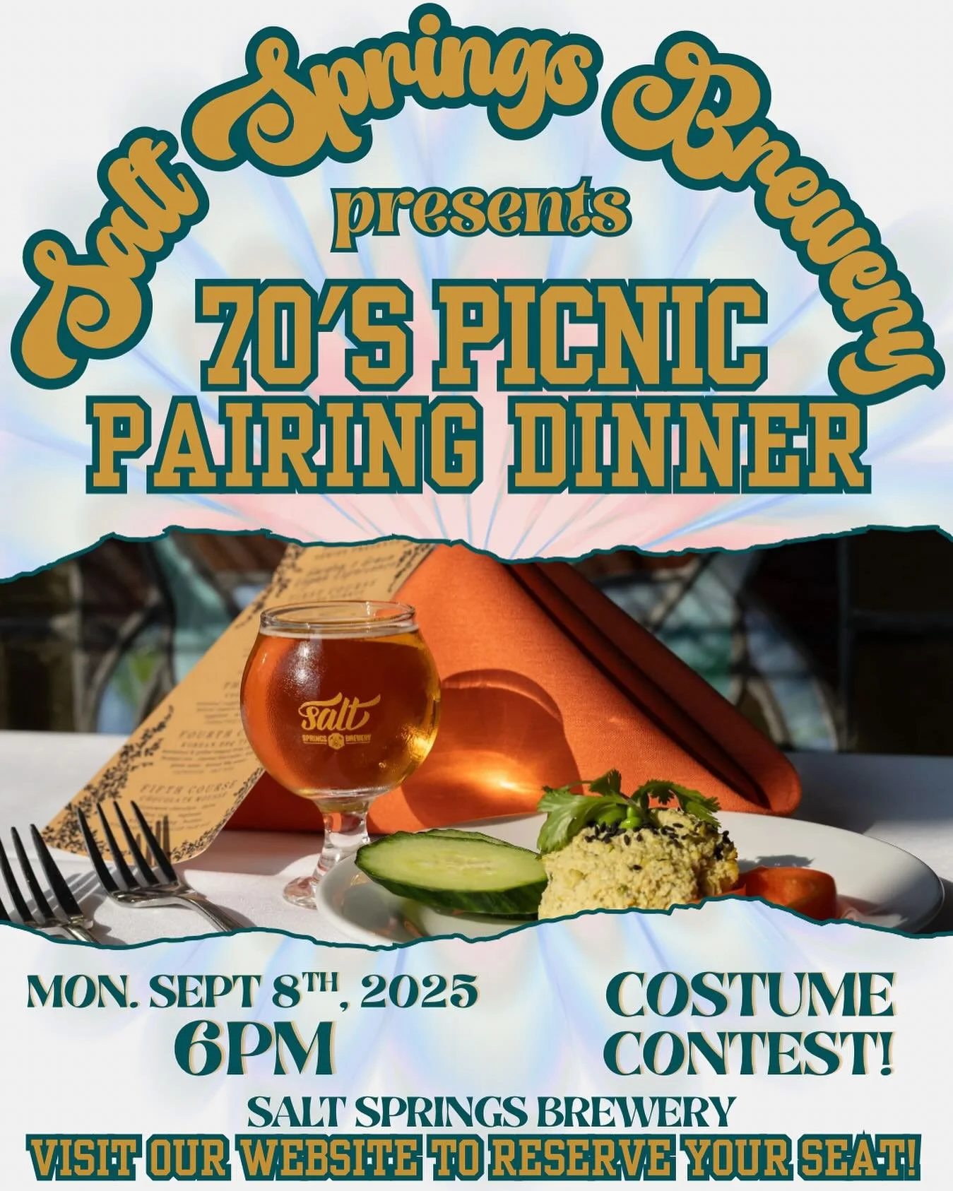 Groovy vibes at Salt Springs Brewery! Join us for the 70&rsquo;s Picnic Pairing Dinner on Mon, Sept 8th at 6pm&mdash;featuring a tasty menu and costume contest! Reserve your seat now at our website. #SaltSpringsBrewery #70sVibes #PairingDinner #costu