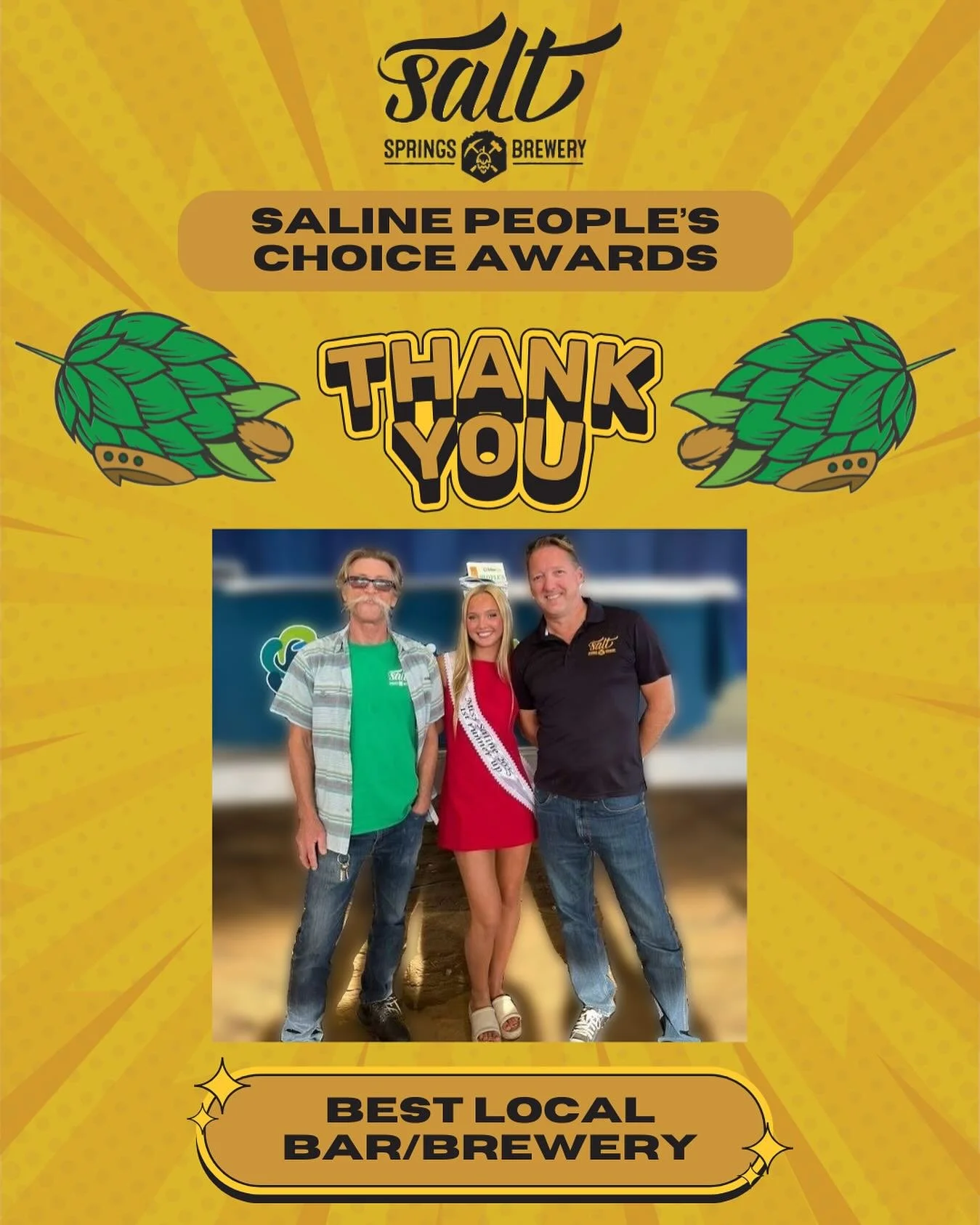 Thrilled to be named Best Local Bar/Brewery at the Saline People&rsquo;s Choice Awards! 🎉 Huge thanks to our amazing community! 🍺 #SaltSpringsBrewery #BestBrewery #ThankYou