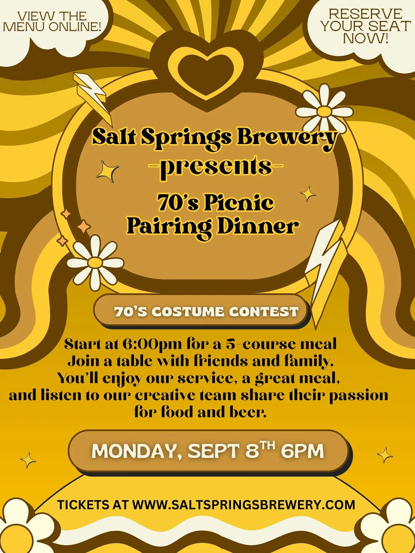 Groovy vibes alert! 🎉 Join us at Salt Springs Brewery for a far-out 70&rsquo;s Picnic Pairing Dinner &ndash; epic food, tasty beverages, and a retro costume contest! Swing by www.saltspringsbrewery.com to snag your spot. 

#70sVibes #SaltSpringsBrew