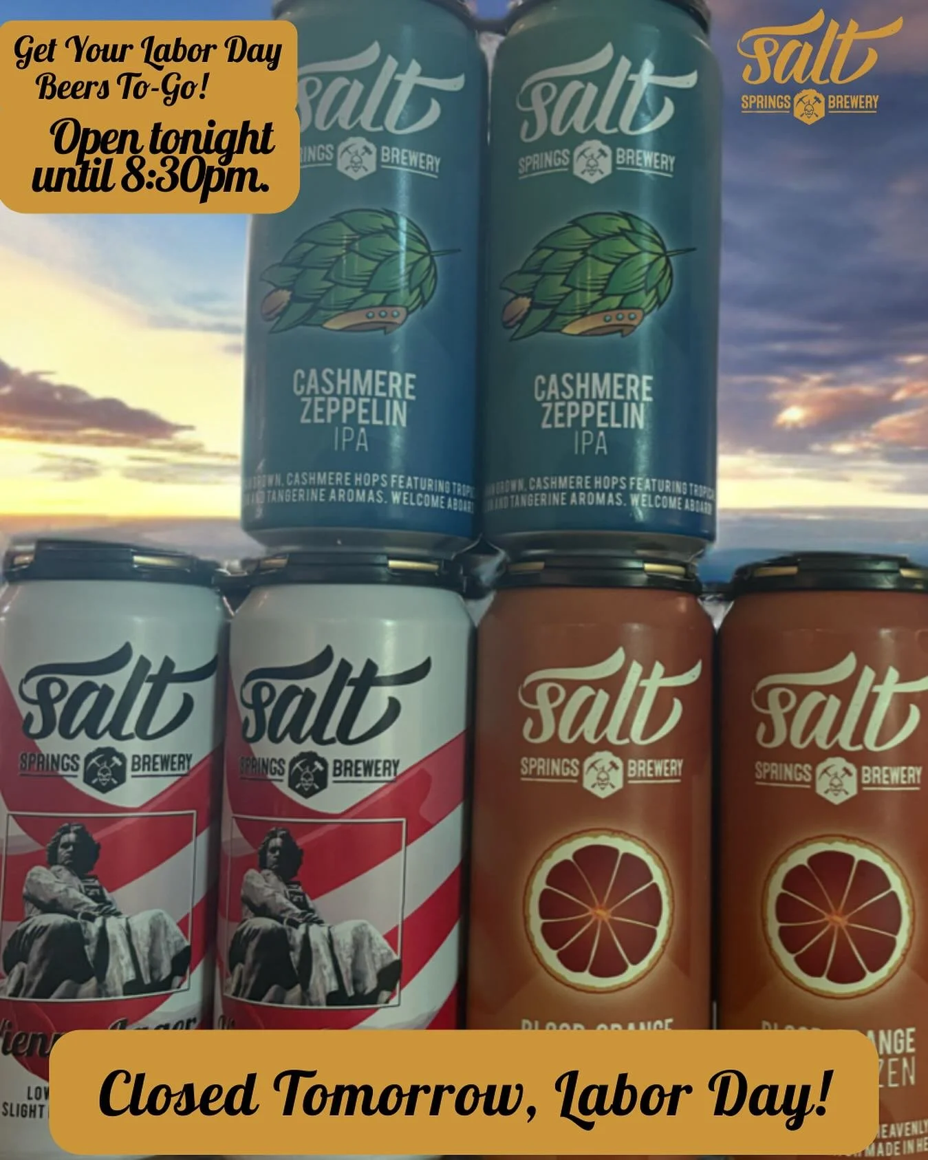Hey beer lovers! 🎉 Get your Labor Day beers to-go tonight at Salt Springs Brewery&mdash;open until 8:30pm! 🍺 Stock up on those tasty Vienna Lagers, Cashmere Zeppelins, and Blood Orange Hefes before we&rsquo;re closed tomorrow for Labor Day. Cheers 
