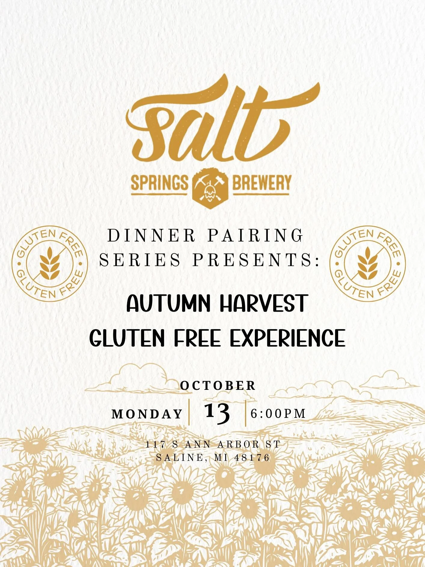🍂 Fall into flavor at Salt Springs Brewery! Join us for our Autumn Harvest Dinner Series on Oct 13th&mdash;featuring a stunning 5-course gluten-free menu, from stuffed mushrooms to peach cobbler! 🍑🍷 Pair it with our Dry English Style Cider and let
