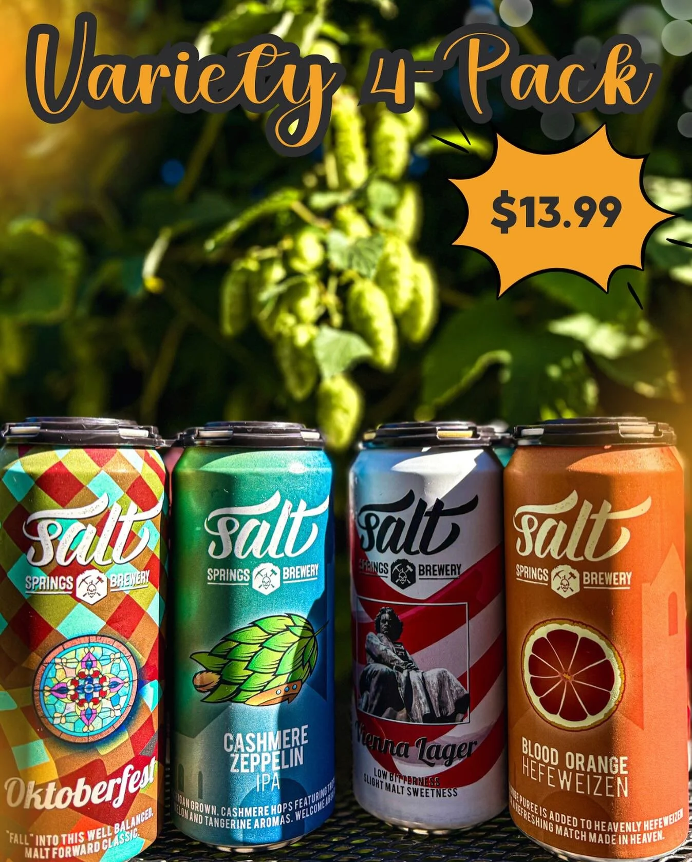 🍺 Cheers to variety! Grab a 4pk from Salt Springs Brewery featuring Cashmere Zeppelin, Vienna Lager, Blood Orange Hefeweizen, and Oktoberfest &ndash; all for just $13.99! 🥳 Stop by the brewery today! #SaltSpringsBrewery #BeerLovers #CraftBeer #Vari