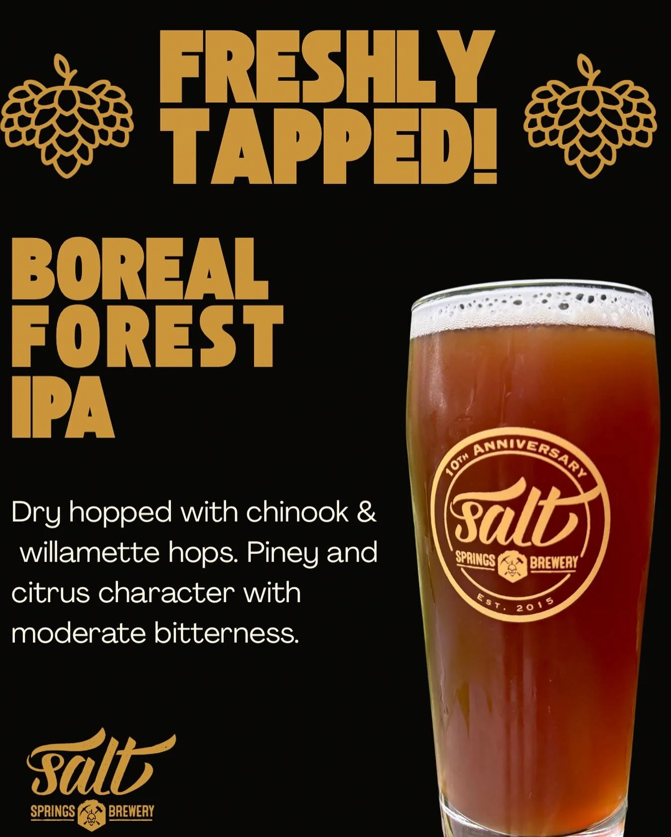 🍺 Freshly tapped and ready to impress! Dive into the bold, piney-citrus flavors of Boreal Forest IPA from Salt Spring Brewery. Dry hopped with Chinook &amp; Willamette hops for a perfectly balanced bitterness. Cheers to 10 years! 🎉 

#CraftBeer #Bo