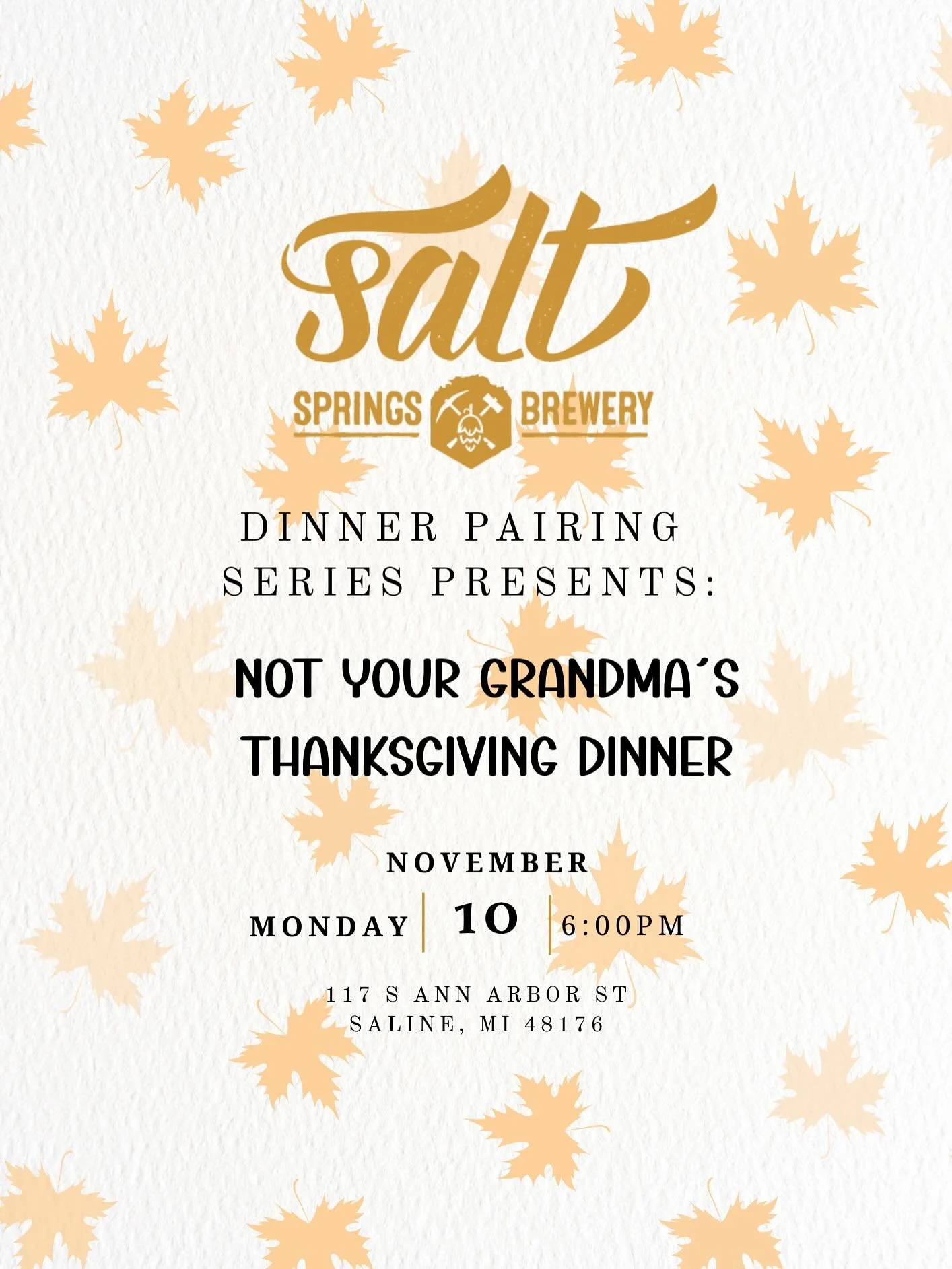 Join us at Salt Springs Brewery for “Not Your Grandma’s Thanksgiving Dinner” on Monday, Nov 10th! Enjoy a 5-course meal with paired drinks for $95. Tickets on our website! #Thanksgiving #DinnerSeries #SaltSpringsBrewery