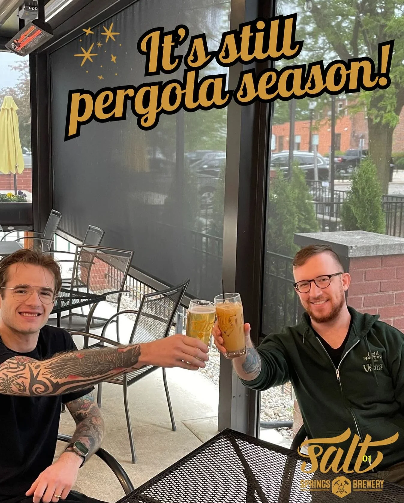 Cheers to pergola season, even on a gloomy day! ☔️ Warm up with those heaters and a cold one at Salt Springs Brewery! 🍺🔥