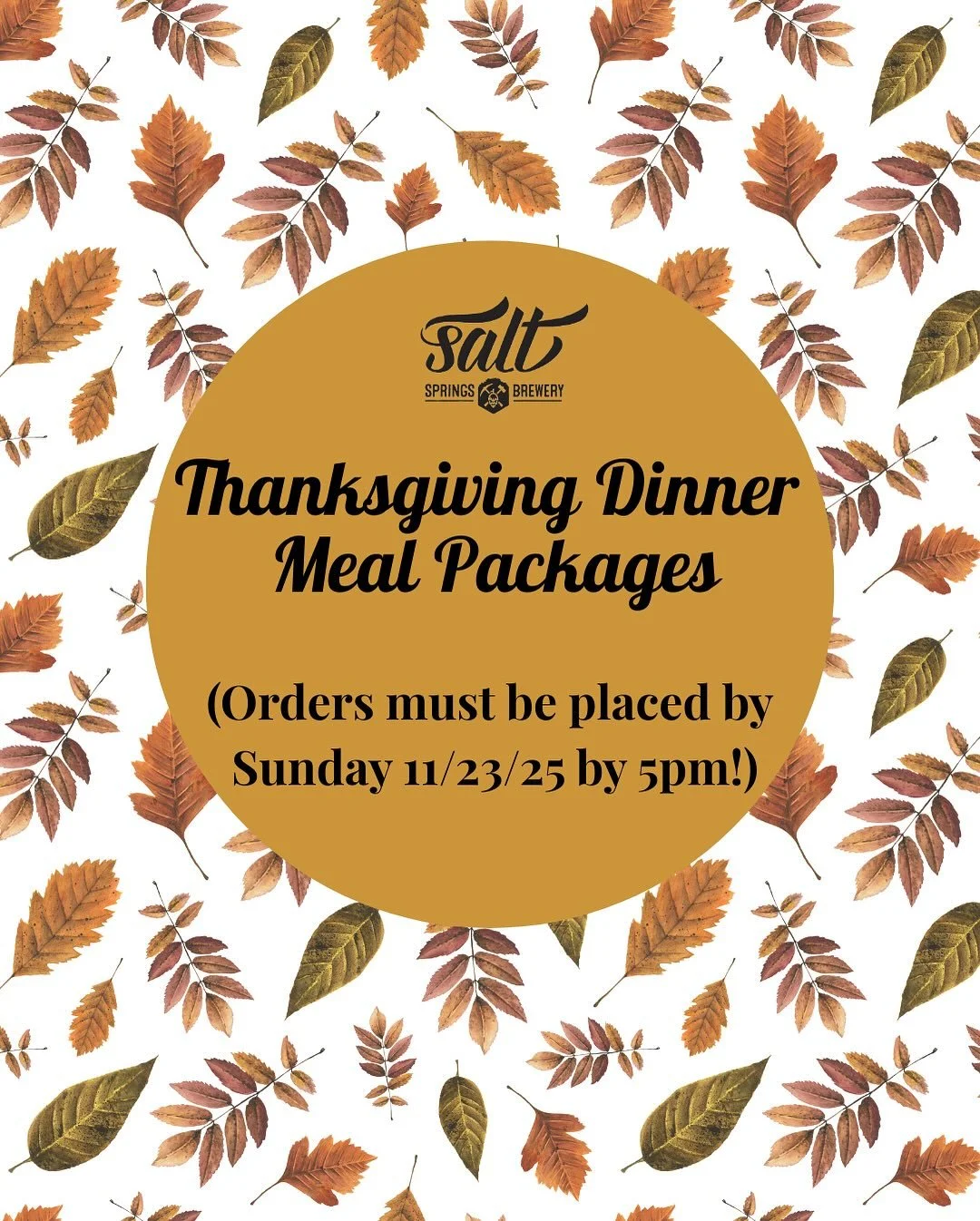 ✨ Feast Like Never Before! ✨ Get your Thanksgiving Dinner Family Meal Package (serves 5-6) from Salt Springs Brewery! 🍗 Choose Butternut Squash Ravioli, Smoked Turkey Breast, or Smoked Beef Brisket. Includes Jalapeño/Cheddar Cornbread Stuffin