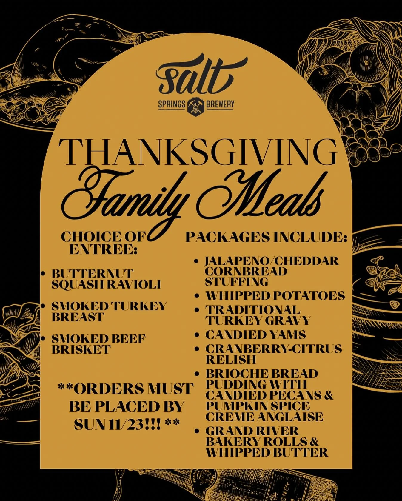🦃Ditch the dishes, keep the delicious.
Salt Springs Brewery&rsquo;s Thanksgiving Family Meals are back and better than ever - pick your entr&eacute;e (smoked turkey breast, smoked beef brisket, or butternut squash ravioli) and we&rsquo;ll bring ALL 
