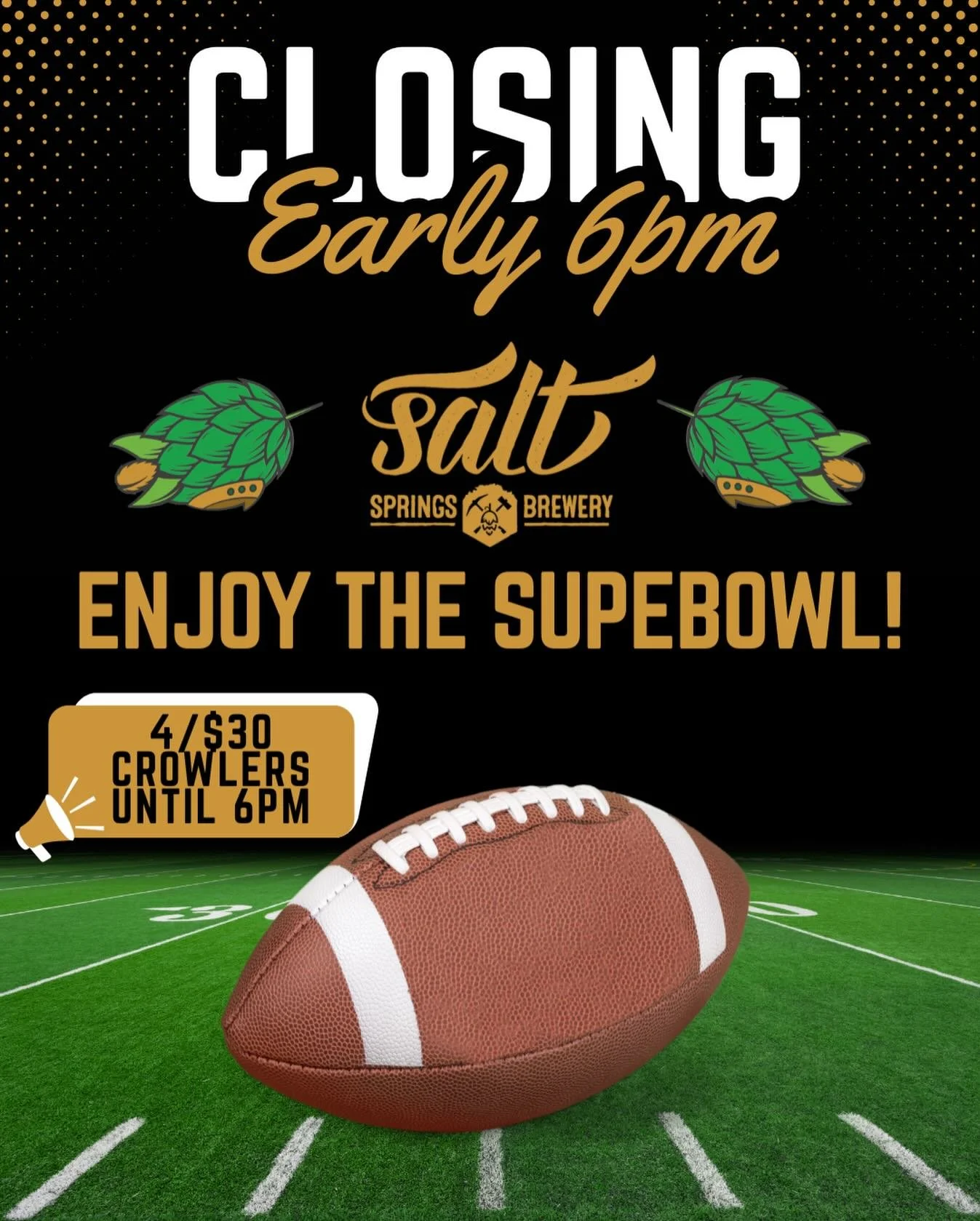 Alright team, game plan for Sunday 🏈👇

We&rsquo;re calling it early so you can kick back, grab your favorites, and be parked on the couch before kickoff.

🍺 4 crowlers for $30 until 6PM
🚪 Closing at 6
🏆 Your fridge = fully stocked for the big ga