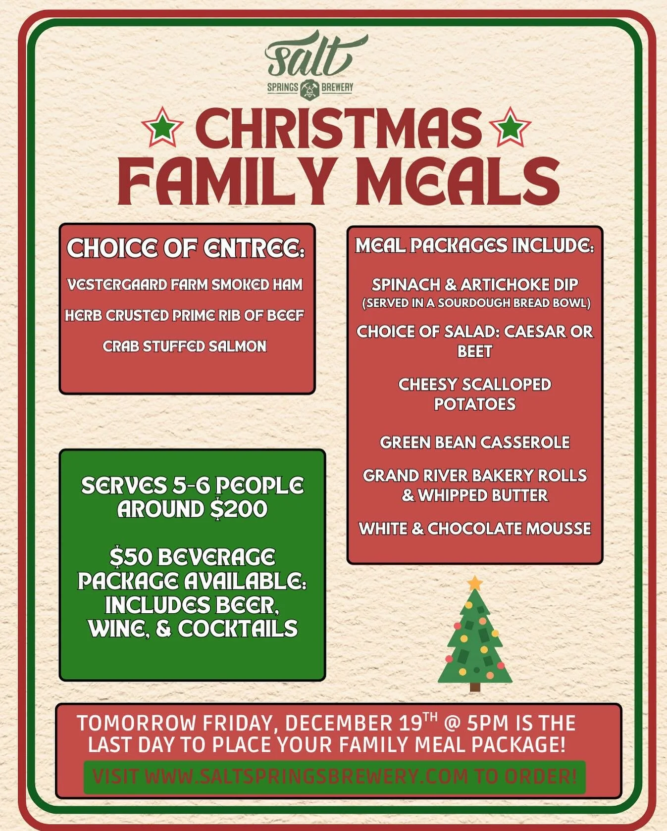 The countdown is on! Only ONE DAY left to secure your Christmas Family Meal from Salt Springs. Prime rib, smoked ham, or crab-stuffed salmon + all the trimmings for 5-6 people. Make your holiday deliciously easy this year! Order by 5pm tomorrow at sa